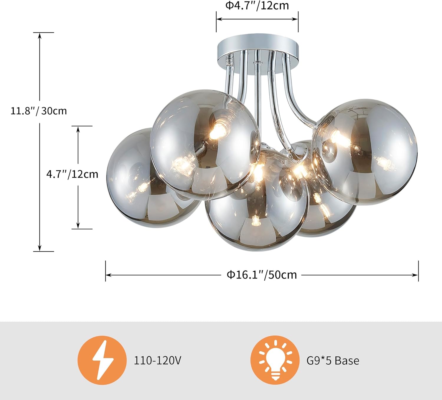 AGV LIGHTING Modern Flush Mount Ceiling Light Fixture, 5-Light Chrome Ceiling Light with Silver Glass Globe Shades, Contemporary Lighting for Bedroom, Living Room, Kitchen, Dining Room