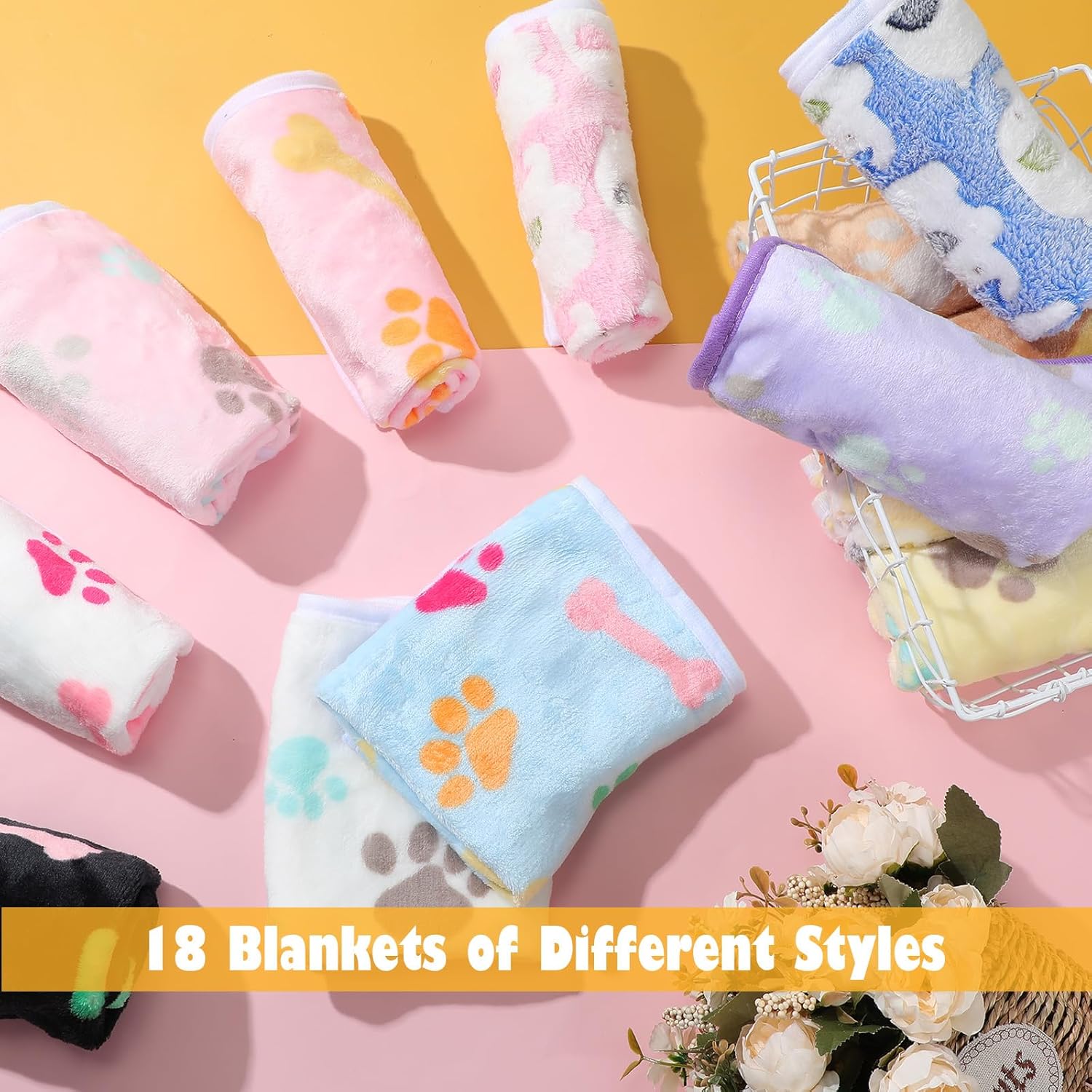 Chumia 18 Pcs Fleece Pet Blanket Soft Warm Sleep Mat Fluffy Cute Puppy Supplies Paw Bone Star Elephant Dot Heart Print Design Bed Blankets for Dog Cat Kitten Animals(30 x 20 Inch,Cute) - Image 6