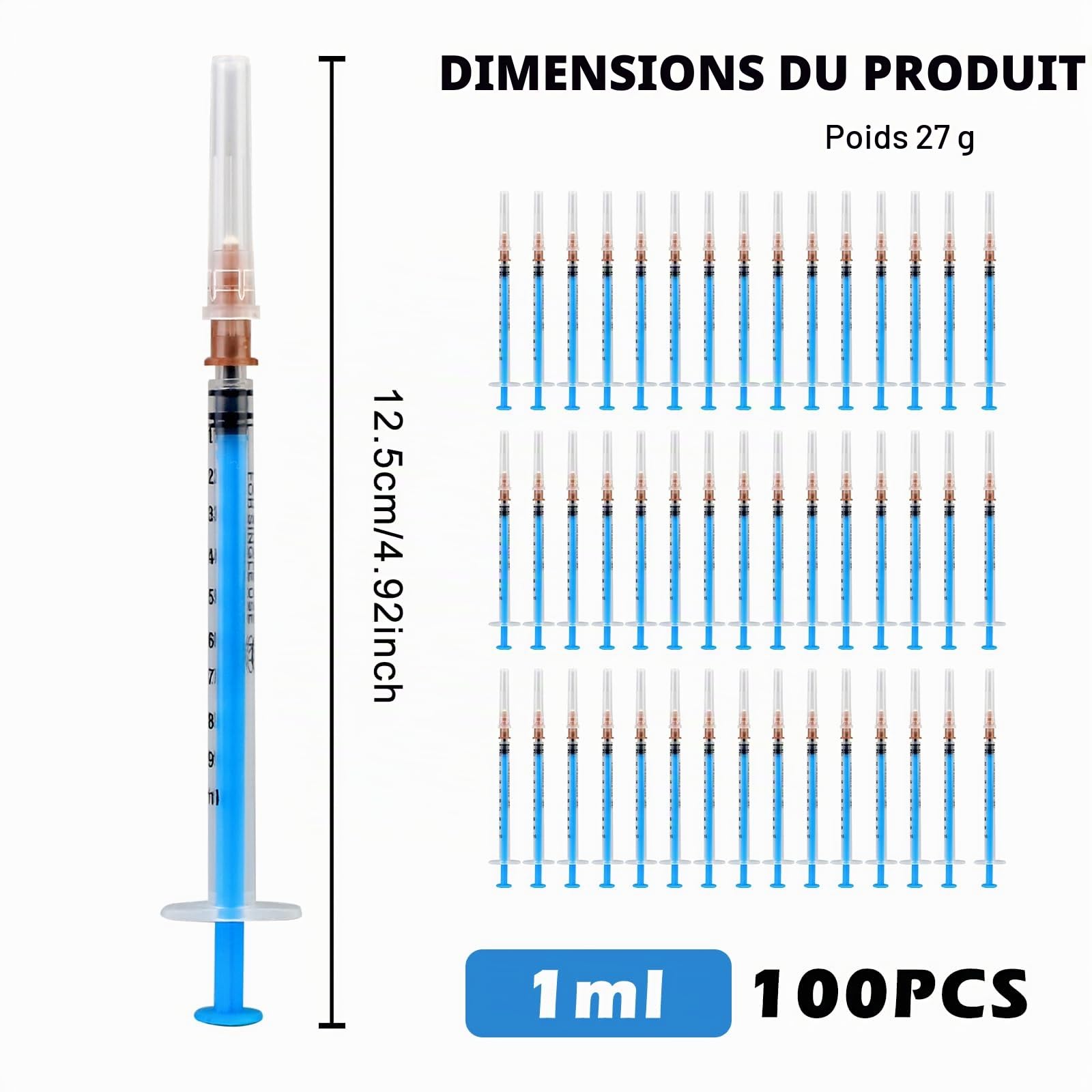 SPORWAY Lot de 100 seringues stériles, seringue en plastique de 1 ML avec aiguilles et embouts, seringue pour colostrum de 1 ML pour le remplissage et la mesure de liquides, alimentation des animaux