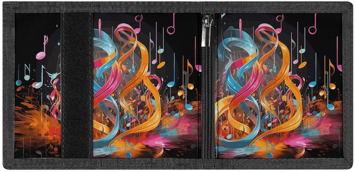 Trifold Canvas Wallet with Keychain, Modern Fashion Credit Card Holder Wallet for Men Women, Colorful Musical Note Slim Wallets W/Zipper Coin Pocket, Novelty Birthday Gift