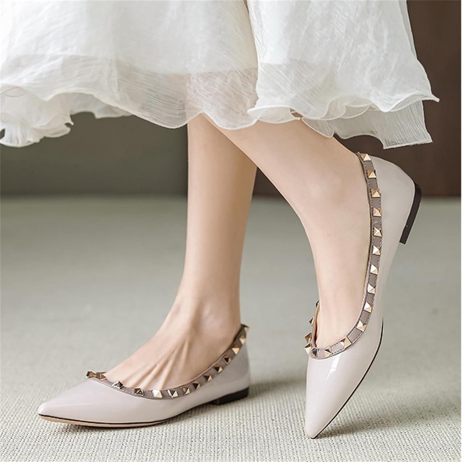 Women Patent Leather Studded Rivet Closed Shallow Mouth Comfortable Dress Walking Flat Shoes Fashion Pointed Toe Slip On Flats for Daily Party Office