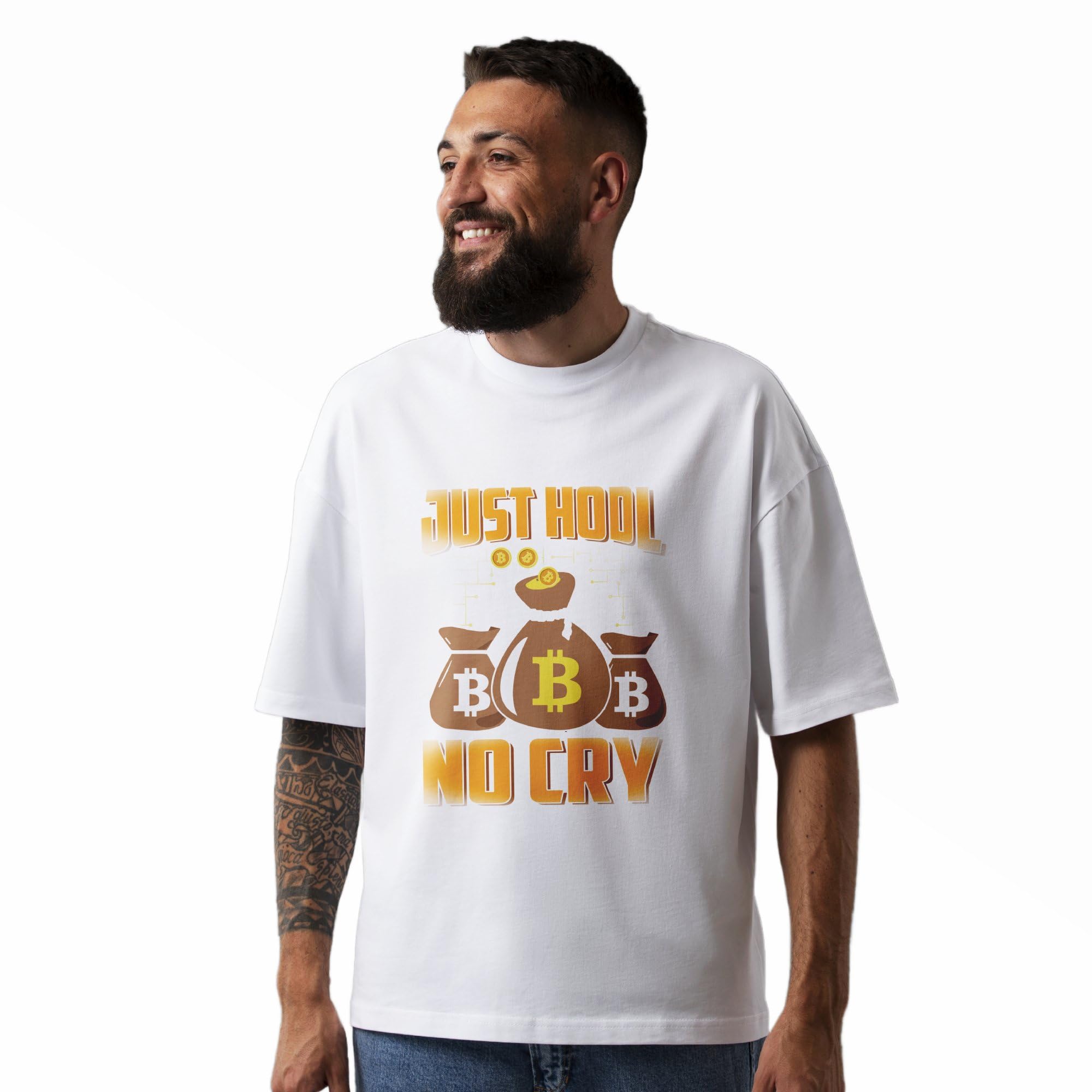 Seek Buy LoveUnisex Oversized Bitcoin Slogan T-Shirt - Just HODL No Cry Crypto Enthusiast Tee