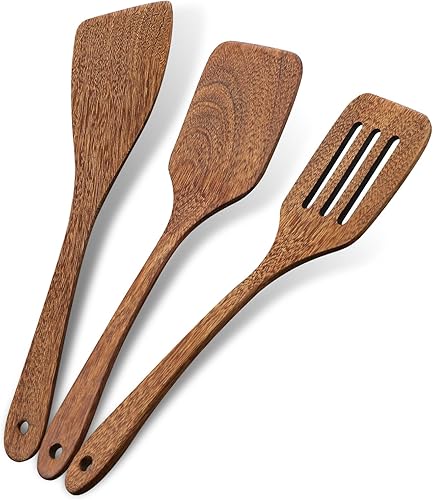 Svailse Wooden Spatula Set of 3, 12 Inch Natural Long Handle Flat Frying Spatula