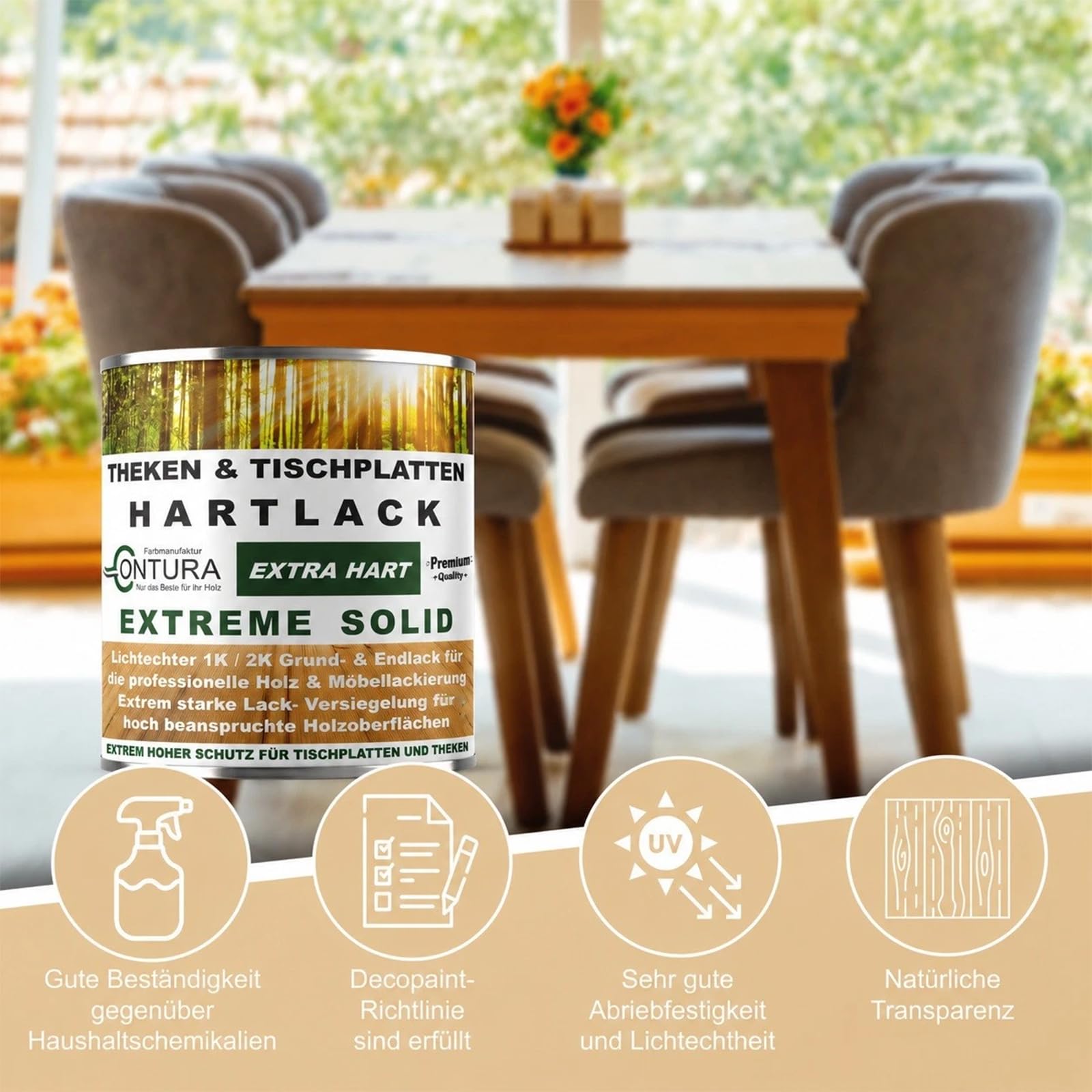 Contura Hartlack 2K Lack Thekenlack Seidenglänzend Tischplattenlack Theken Holzlack Klarlack Set mit Härter Contura Zweikomponenten Lack farblos (Transparent, 2,5 Liter)