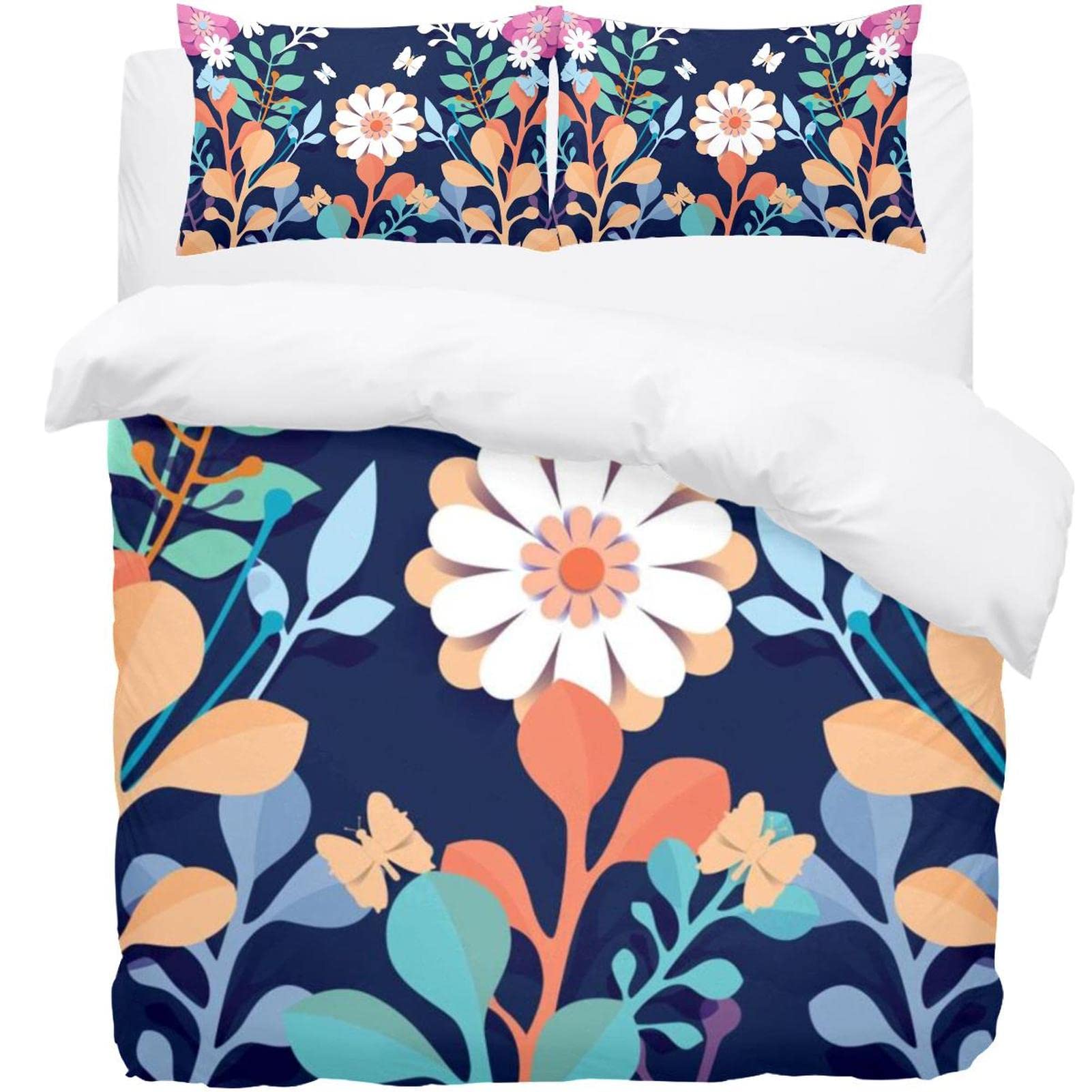Housse de couette et parure de lit motif floral 3D avec 2 taies d'oreiller pour grand lit