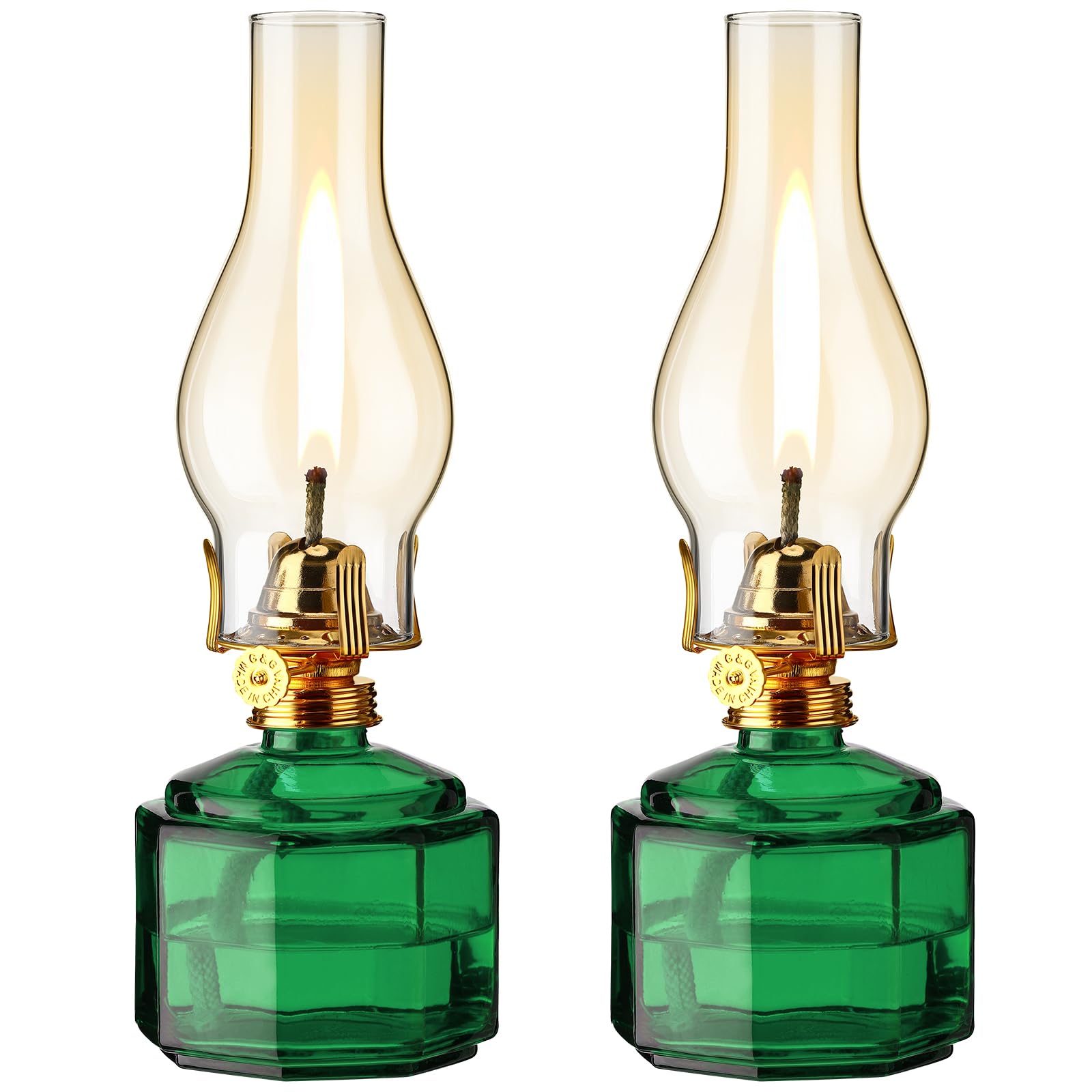 Tuanse 2 Pieces Chamber Oil Lamp,Classic Kerosene Lantern,Vintage Oil Lamp for Indoor Use,Decorative Hurricane Lantern with Adjustable Fire Wick for Halloween Home Tabletop Decor,13 Inch(Green)