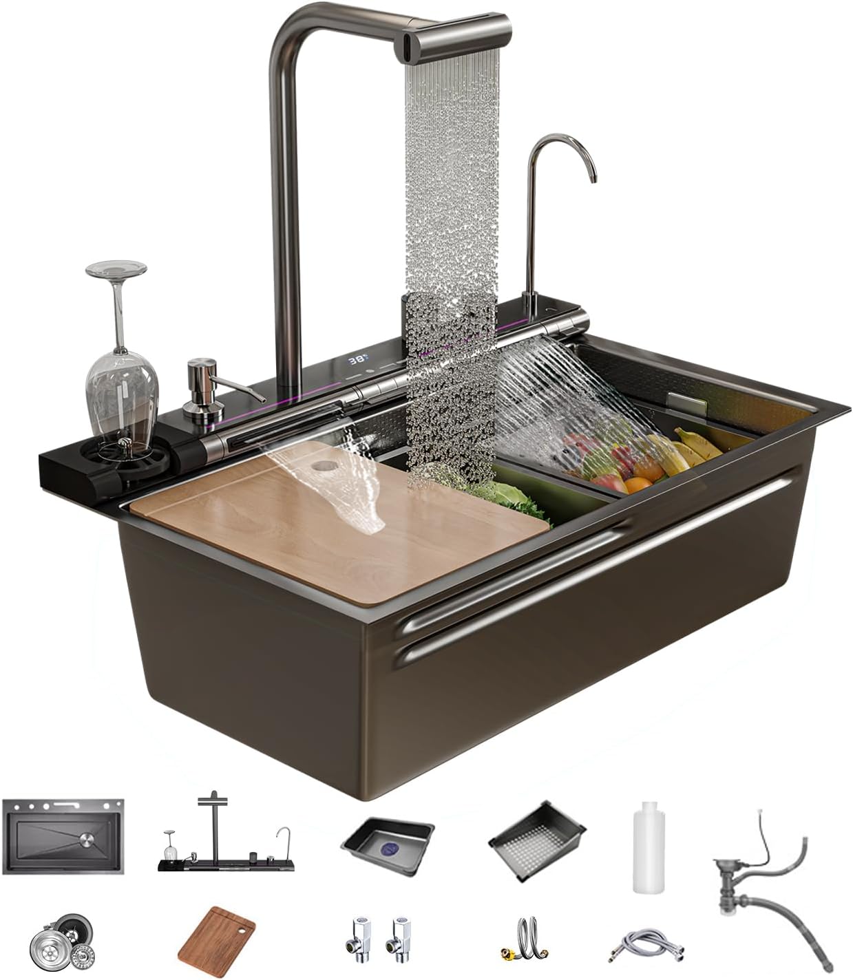 Dual Waterfall Kitchen Sink Modern Kitchen Sink Single Bowl Digital Smart Sink with Soap Dispenser Stainless Steel Sink with Pull-Out Faucet Workstation Sink with Honeycomb(29.5x18.1in)