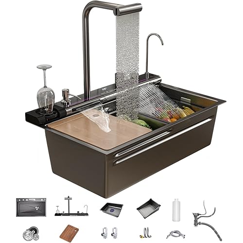 Dual Waterfall Kitchen Sink Modern Kitchen Sink Single Bowl Digital Smart Sink with Soap Dispenser Stainless Steel Sink with Pull-Out Faucet Workstation Sink with Honeycomb(29.5x18.1in)