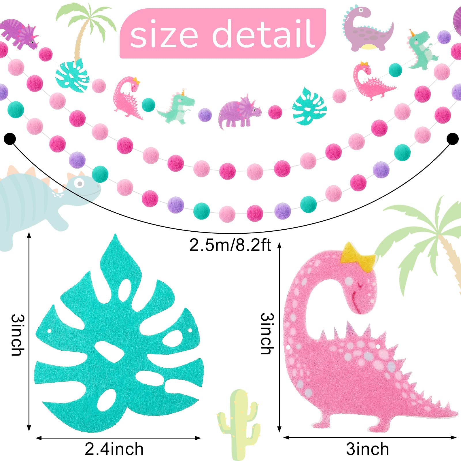 3 Pcs Pink Dinosaur Banner Party Decoration for Girls Pink Pom Pom Birthday Garland Felt Ball Banner Dinosaur Theme Holiday Hanging Garlands for Baby Shower Nursery Bunting Photo Prop Party Supplies