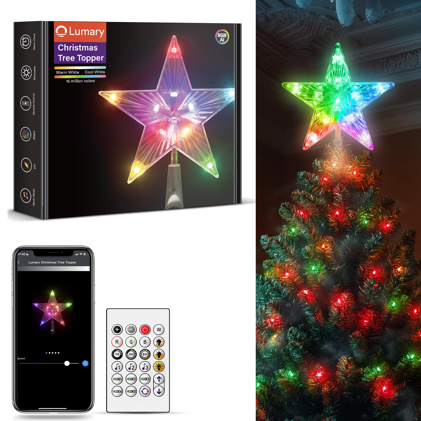 Lumary Christmas Tree Topper 7.6 Inch, Color Changing Xmas Star with Bluetooth App/Remote Control, 80+ Scenes & Music Sync, Multicolor RGB Christmas Tree Decor for Holiday