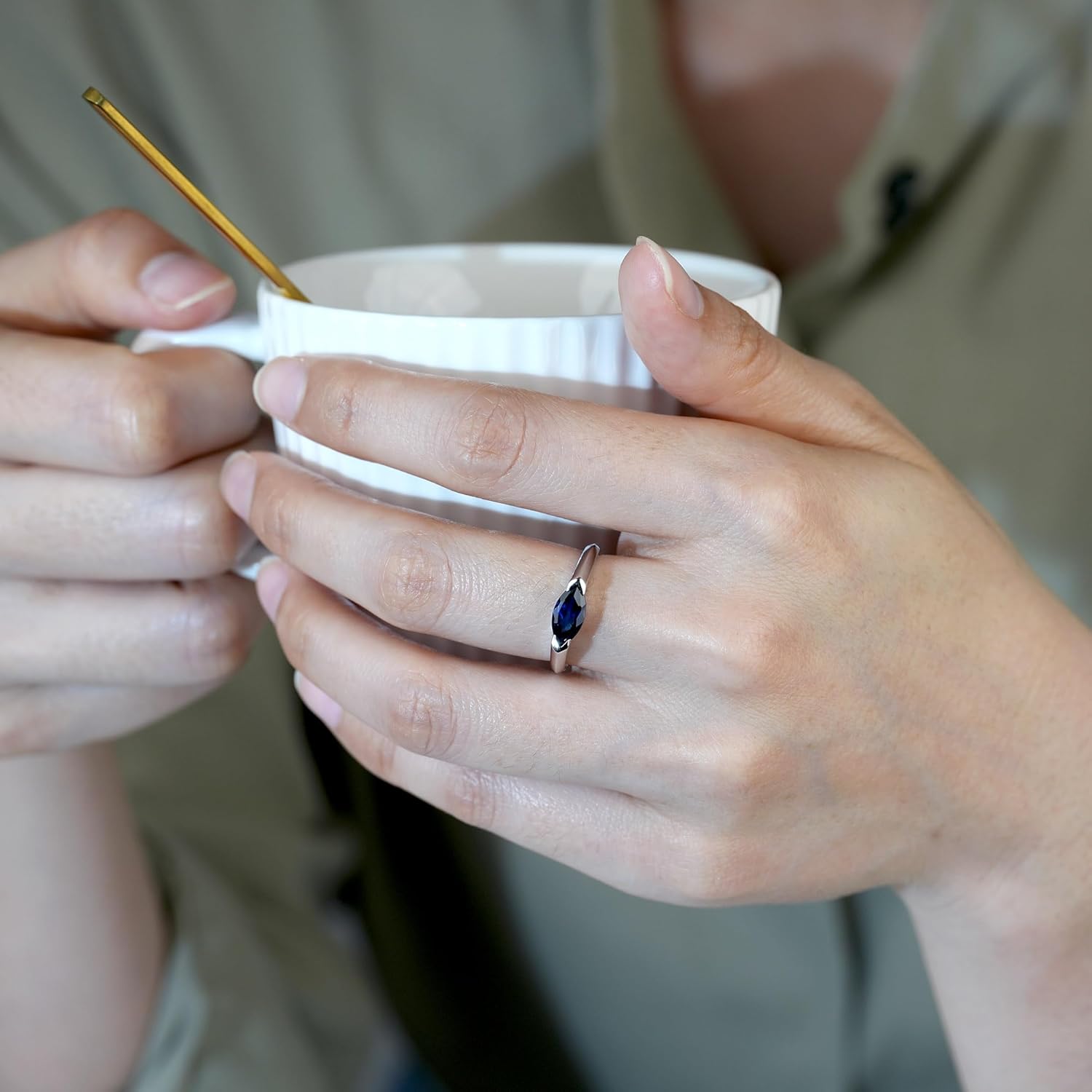 LUO Simple 925 Sterling Silver Marquise Cut 5x10 MM Gemstone East West Engagement Ring for Women - Image 7