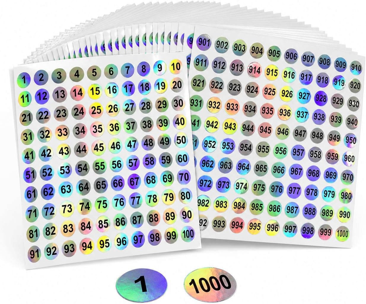 1-1000 Holographic Small Number Stickers Sets, 0.4in Die Cuts Round Labels