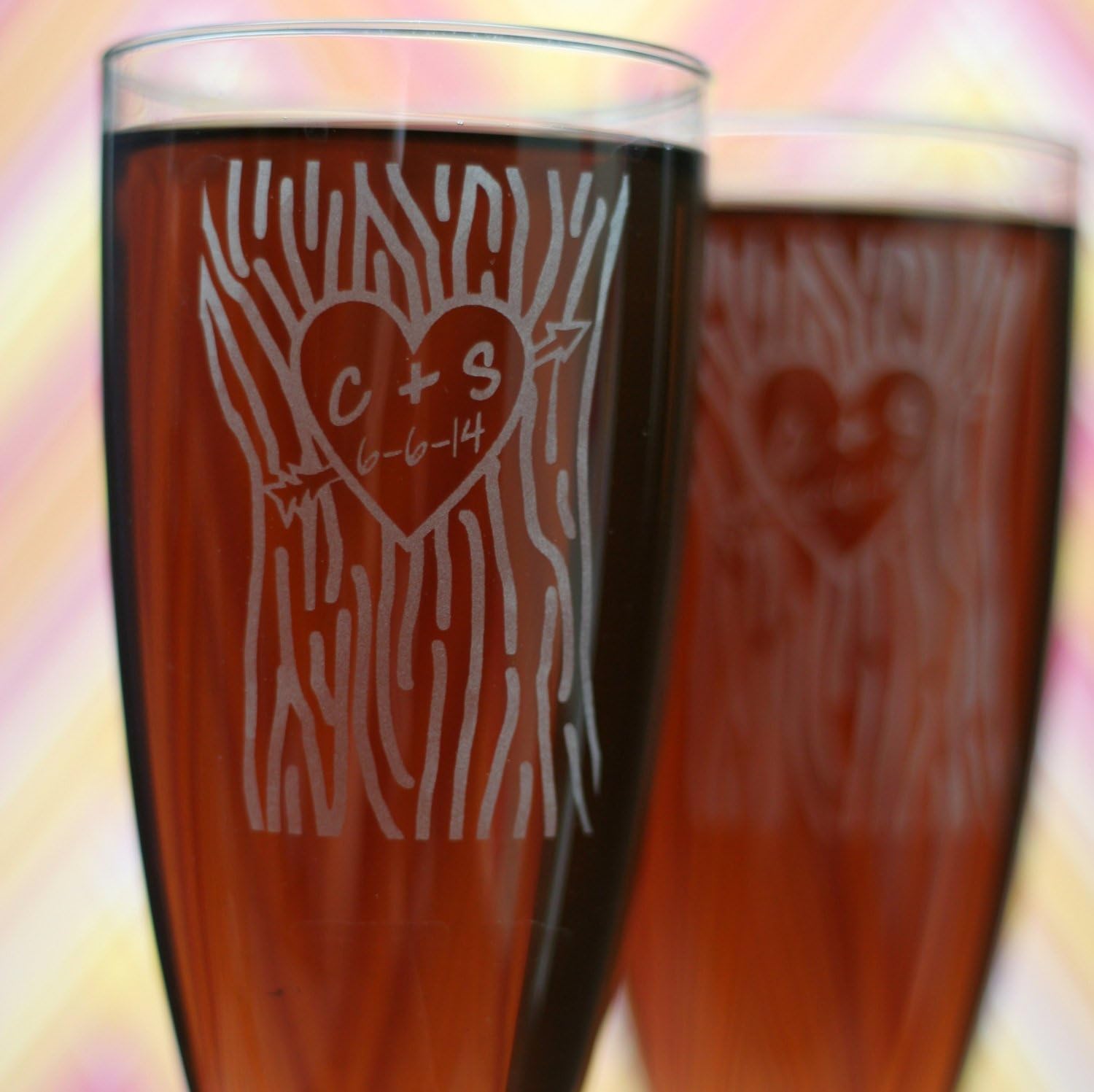 Personalized Engraved Wedding Flutes with Arrowed Heart and Initials In Tree Trunk (Set of 2) Personalized Toasting Glasses