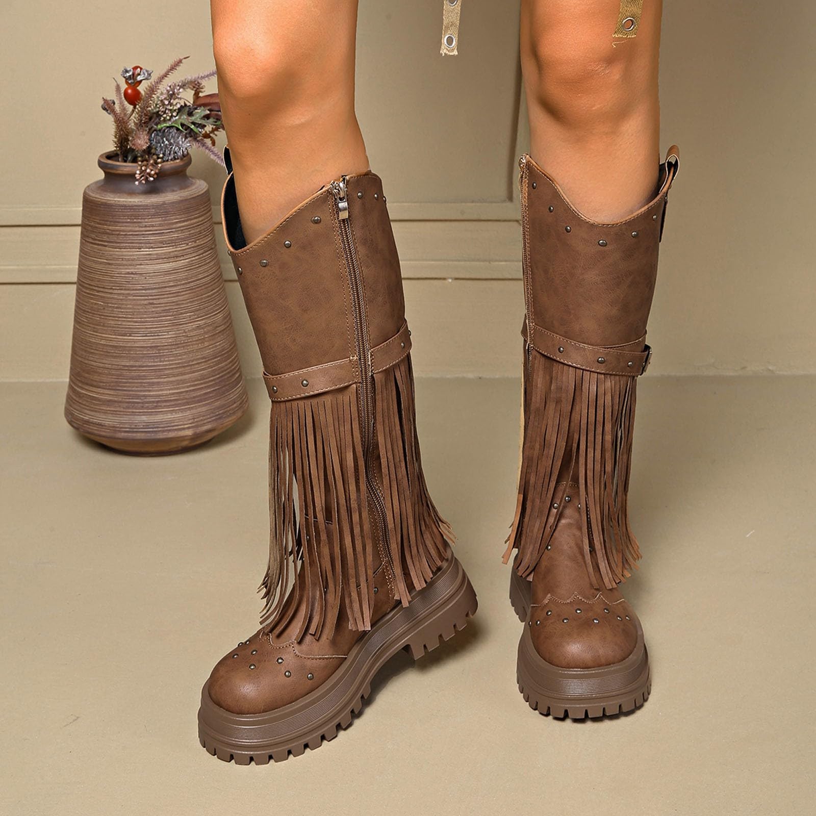 Botas de Invierno Mujer Botas Altas hasta la Rodilla de Moda con Detalle Flecos y Suela Plataforma, cómodas otoño e Invierno con Cremallera Lateral.