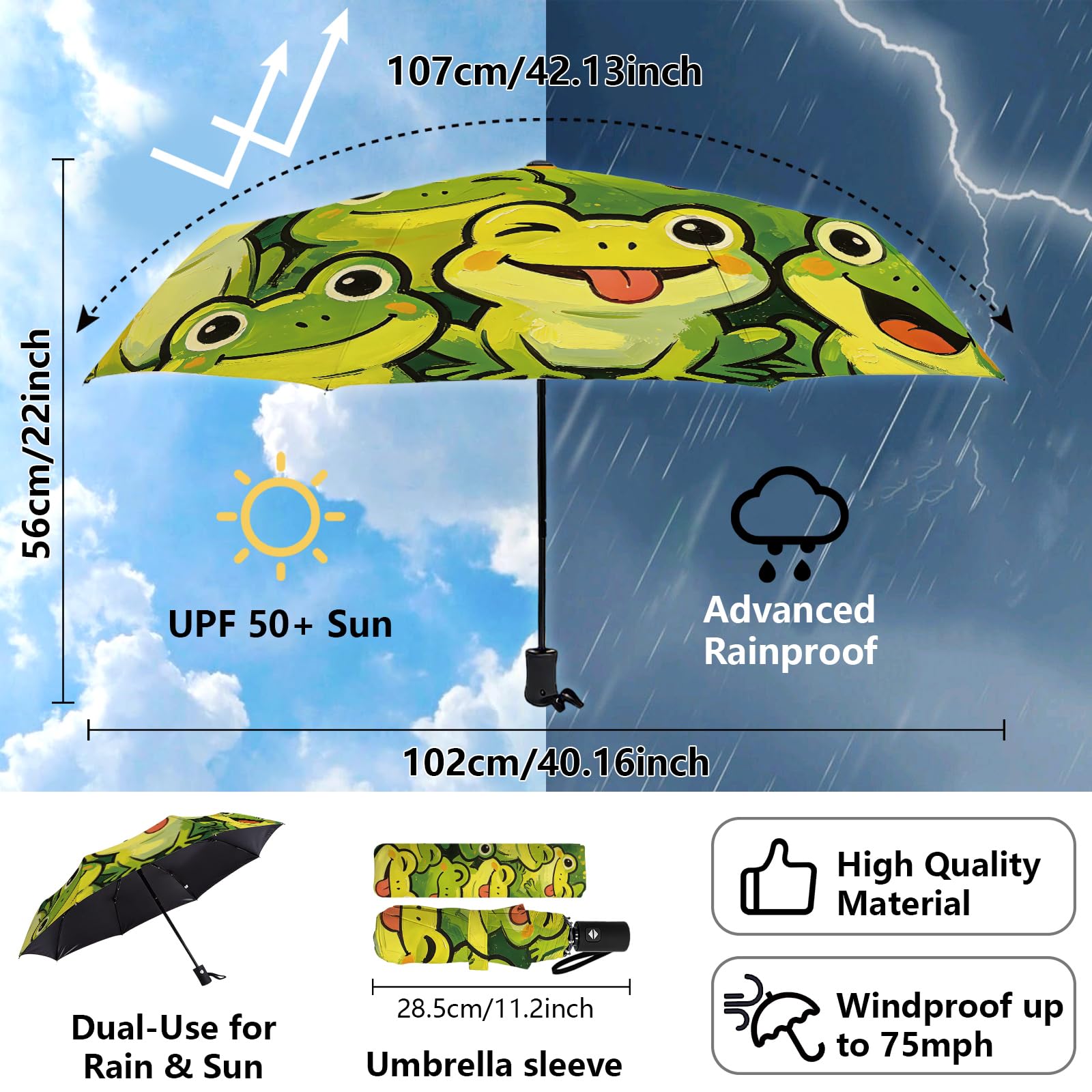 MAYJOYDIY Paraguas plegable automático de rana sonriente cartoon, grupo de ranas lindo, paraguas de viaje a prueba de viento 107cm paraguas compacto para mujeres hombres protección lluvia sol