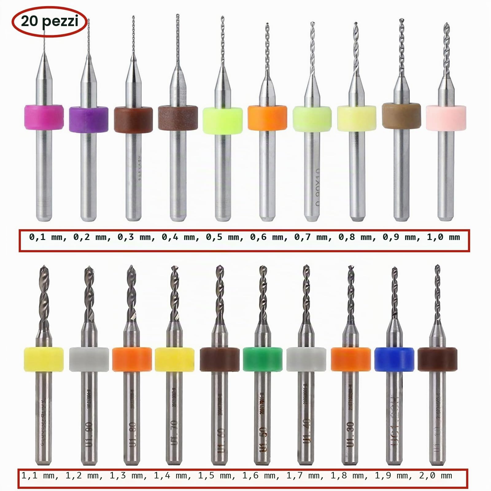 Kit Mini Trapano a Mano 20 pezzi Punte da PCB Micro,Mini Trapano 0,1mm a 1,0mm e 1,1mm a 2,0mm Punte Elicoidale Twist Drill Bits per Utensili Foratura Modellismo