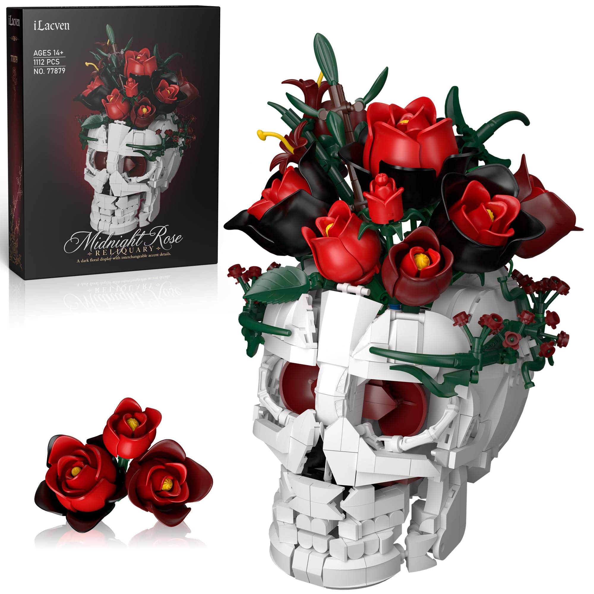 Skull Roses Flower Bouquet Building Set, Gothic Home Decor Gifts for Women