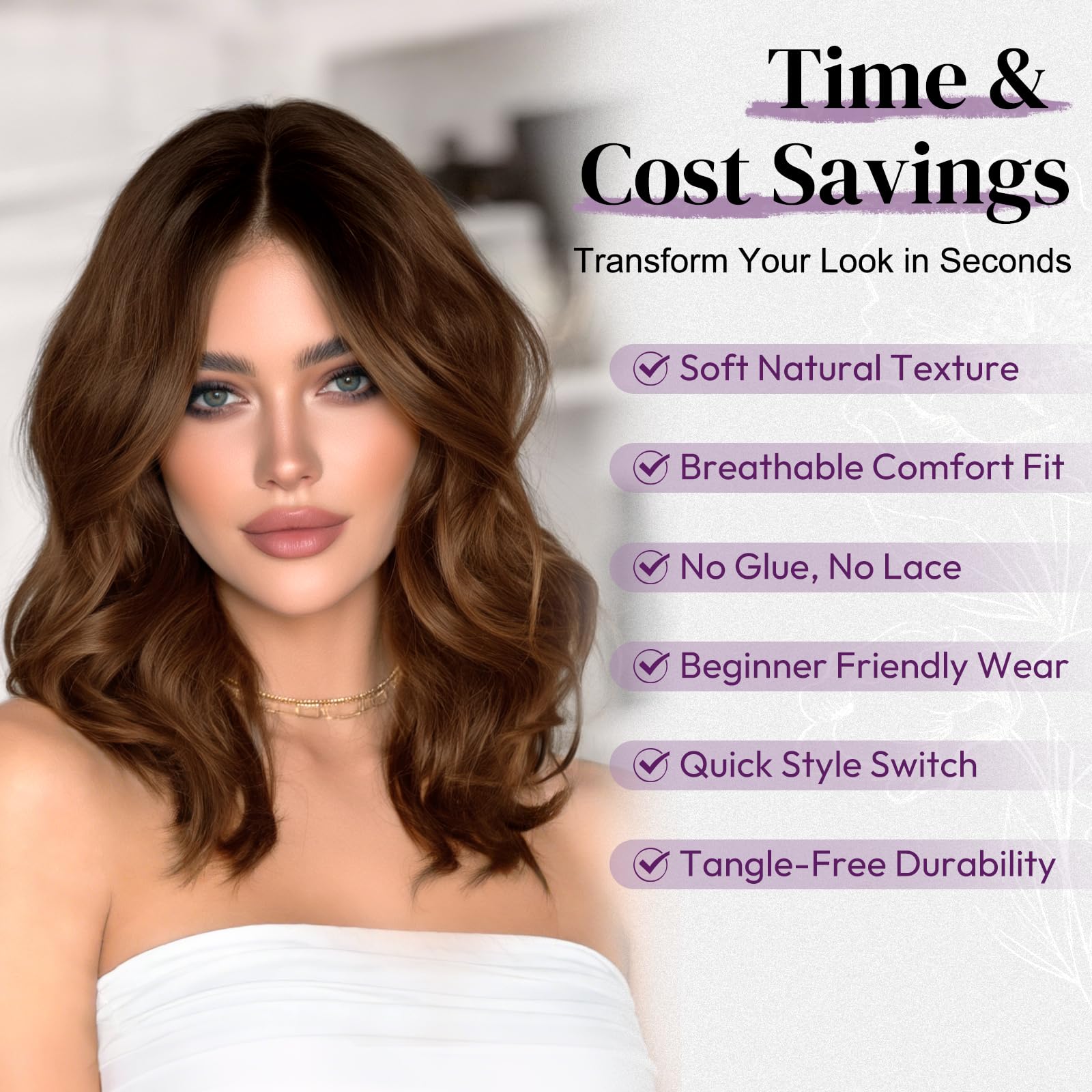 BARSDAR Short Wavy Brown Ombre Layered Wig - Shoulder Length Wavy Brown Wigs for Women - Short Loose Wave Textured Layered Wig with Face-Framing Curtain Bangs Soft Synthetic Natural Looking Daily — view 4