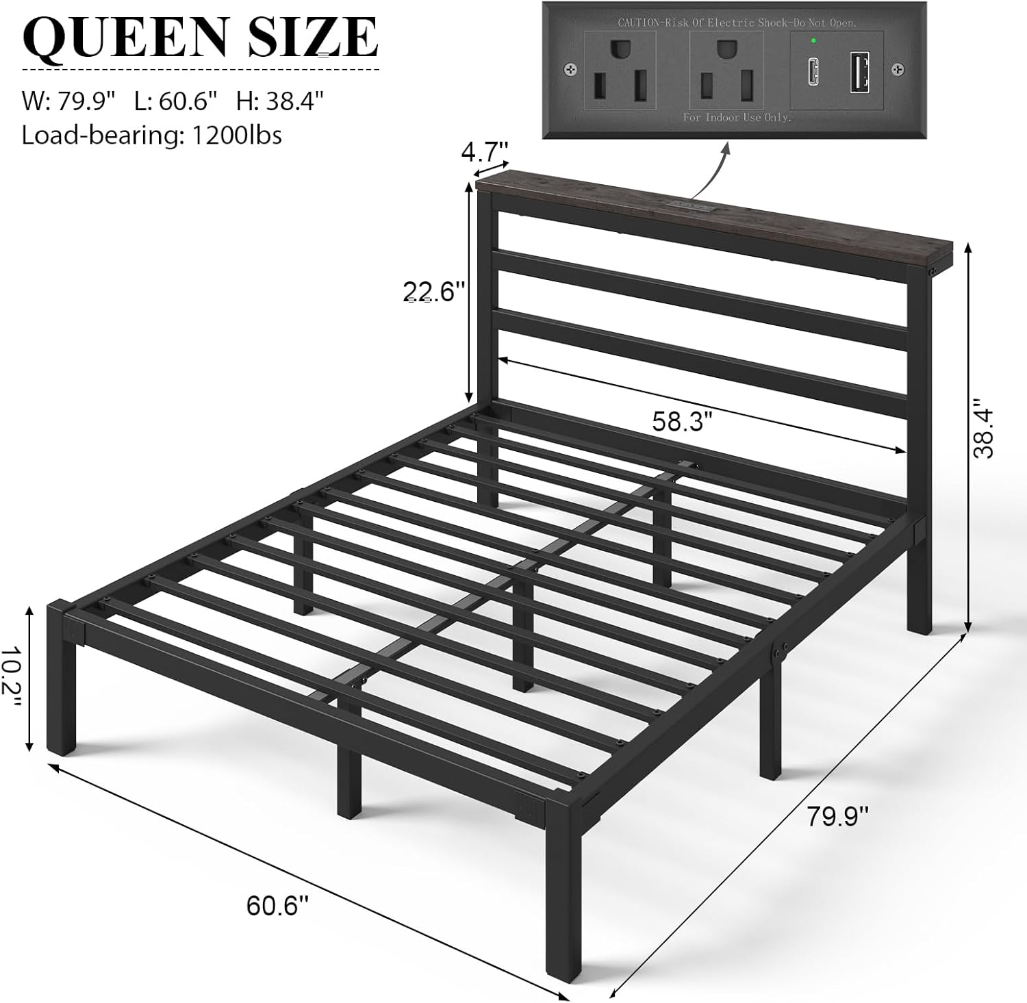 E-Motie Queen Size Bed Frame with Storage Headboard, Industrial Platform Bed with Charging Station and LED Lights, Underbed Storage Space,Easy Assembly,No Box Spring Needed,Modern, Black