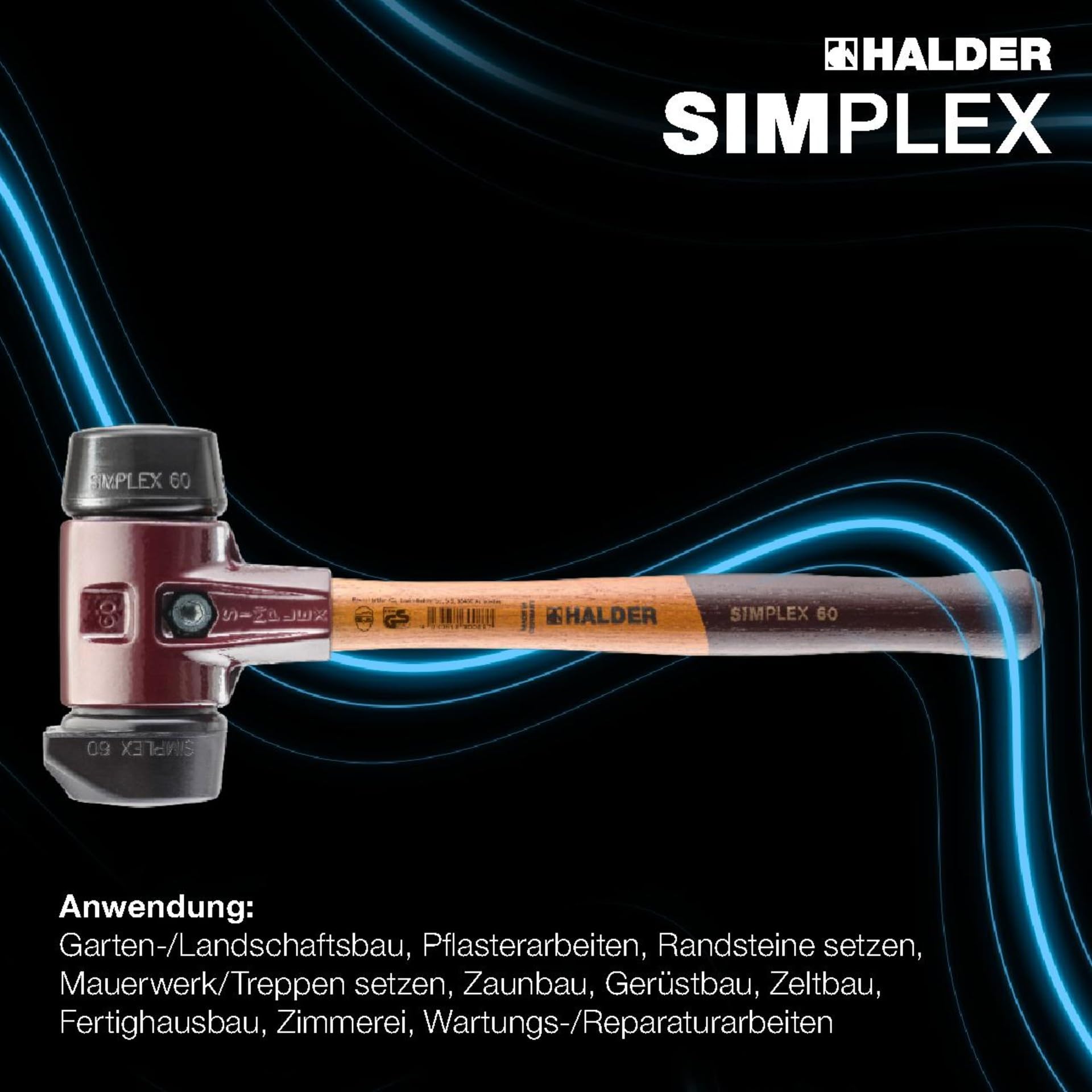 SIMPLEX-Schonhammer, Gummikomposition, mit Standfuß; mit Tempergussgehäuse und hochwertigem Holzstiel | D=60 mm | 3022.260