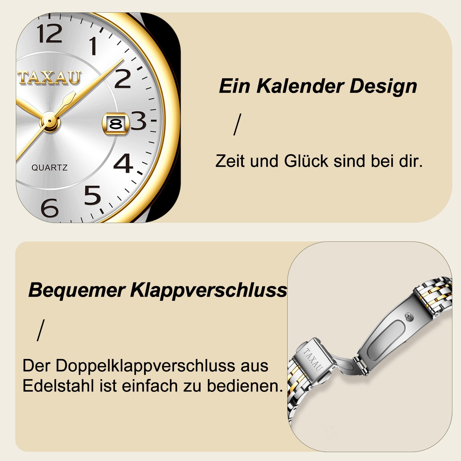 Taxau Damenuhren Arabische Ziffern Kleines Zifferblatt Easy Read Edelstahl wasserdicht Datum
