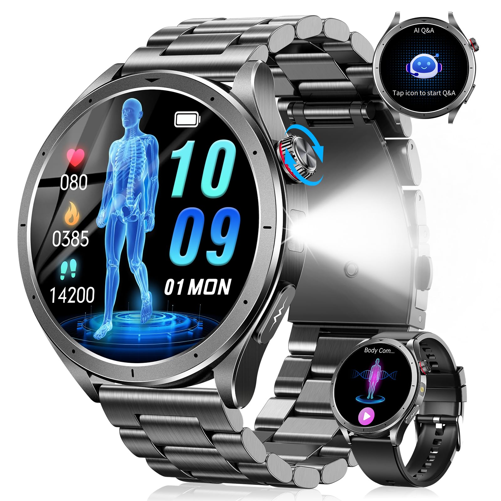Reloj Inteligente Hombre con ECG, VFC, Microchequeo, Presión Arterial Negro