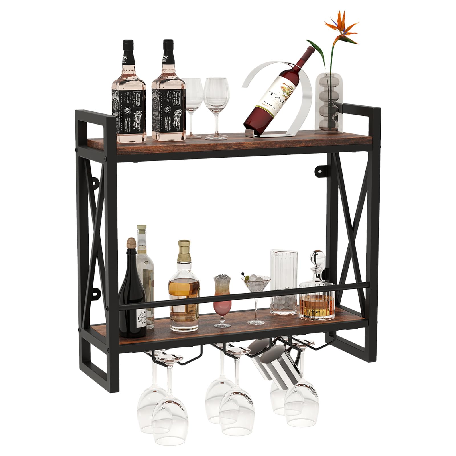 GOPLUS Étagère à Vin Murale, 2 Niveaux pour 14 Bouteilles, 9 Porte-Verres à Vin ou 6 Tasses, Étagère de Rangement Suspendu pour Bar à Domicile, Salle à Manger, Cuisine, 60x20x55cm
