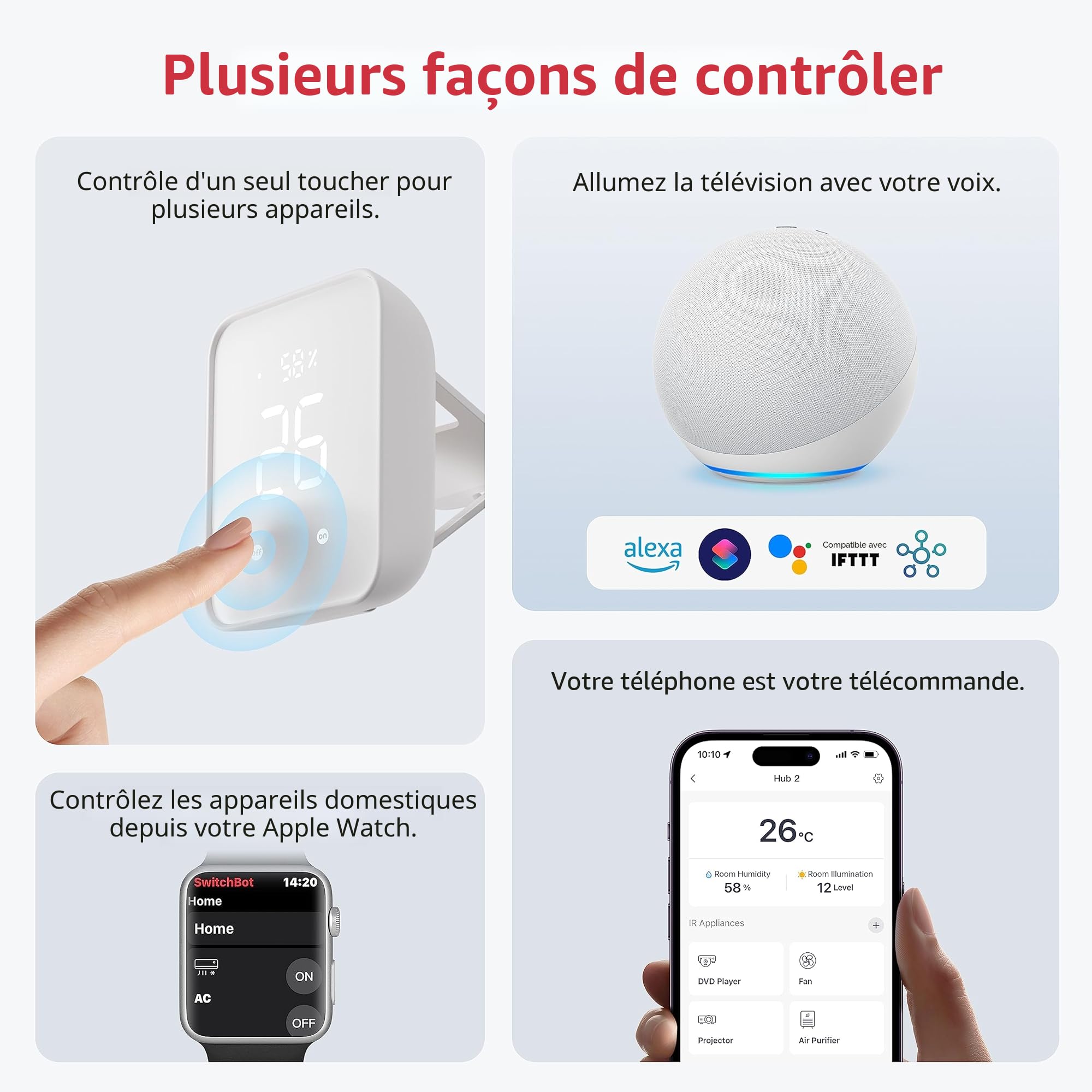 SwitchBot Hub 2 - thermomètre hygromètre WiFi, télécommande IR, Intelligente Ainsi qu'un capteur de lumière. Reliez au Wi-FI (2.4GHz), Compatible avec Alexa&Google Assistant