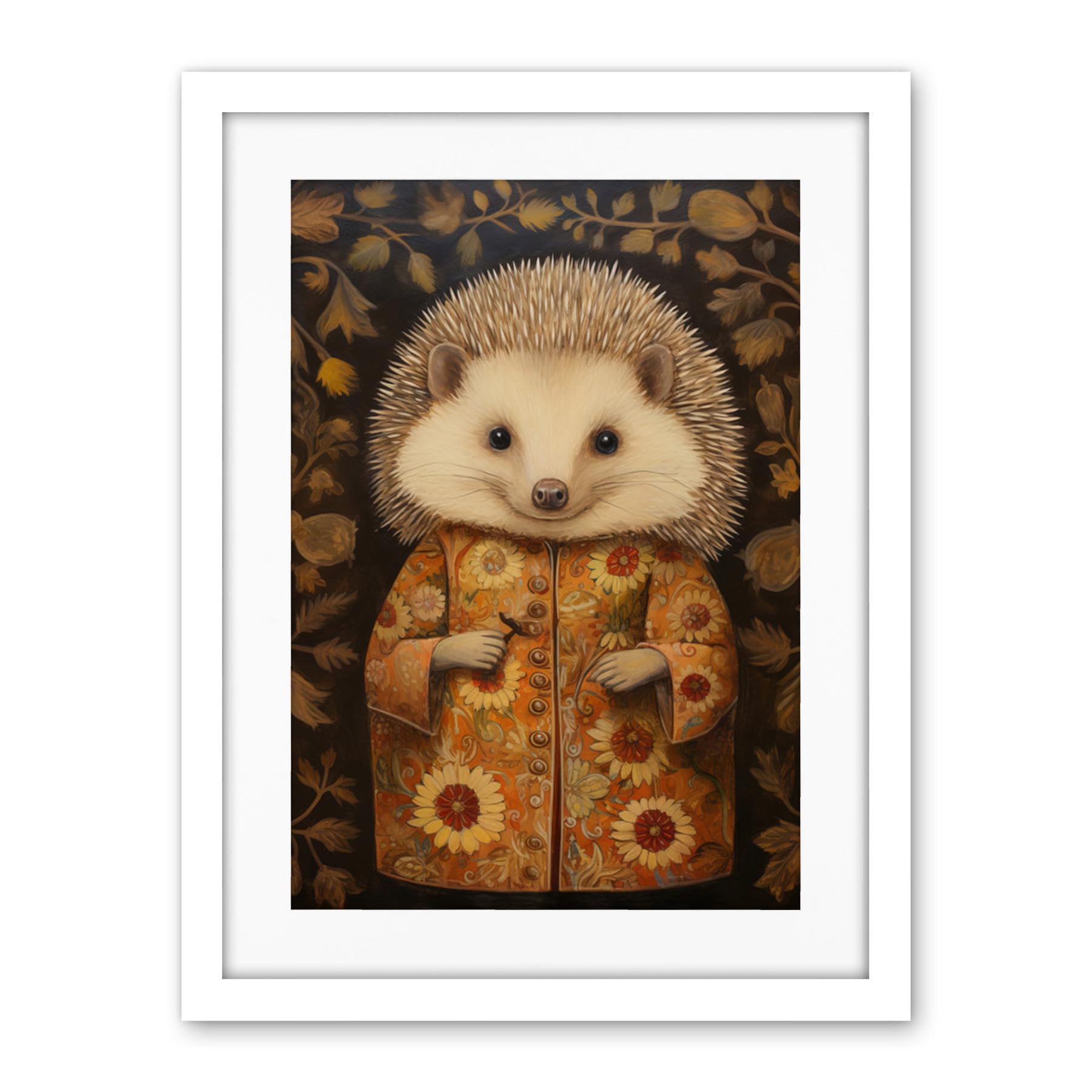 Artery8 Autumn Hedgehog in Sunflower Robe Modern Artwork Framed Wall Art Print 18X24 Inch