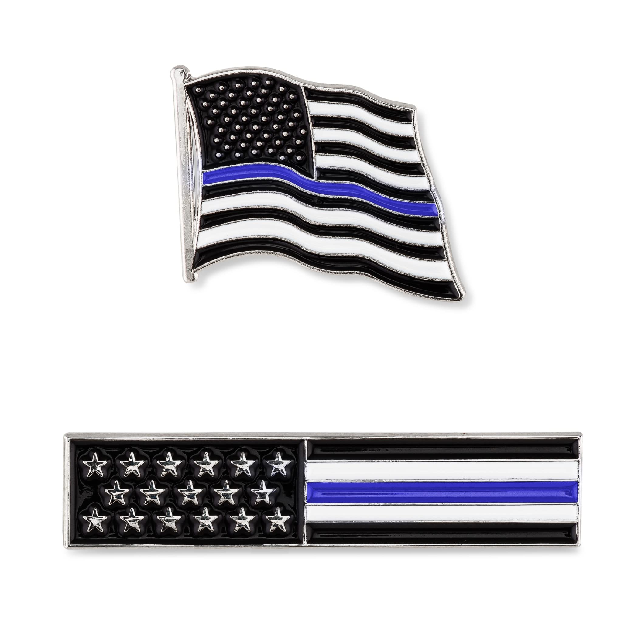 Great 1Thin Blue Line American Flag USA Lapel Pin Set - Waving Flag + Rectangle Bar - Silver Colored Metal Plated - Luxury Clothing Accessories