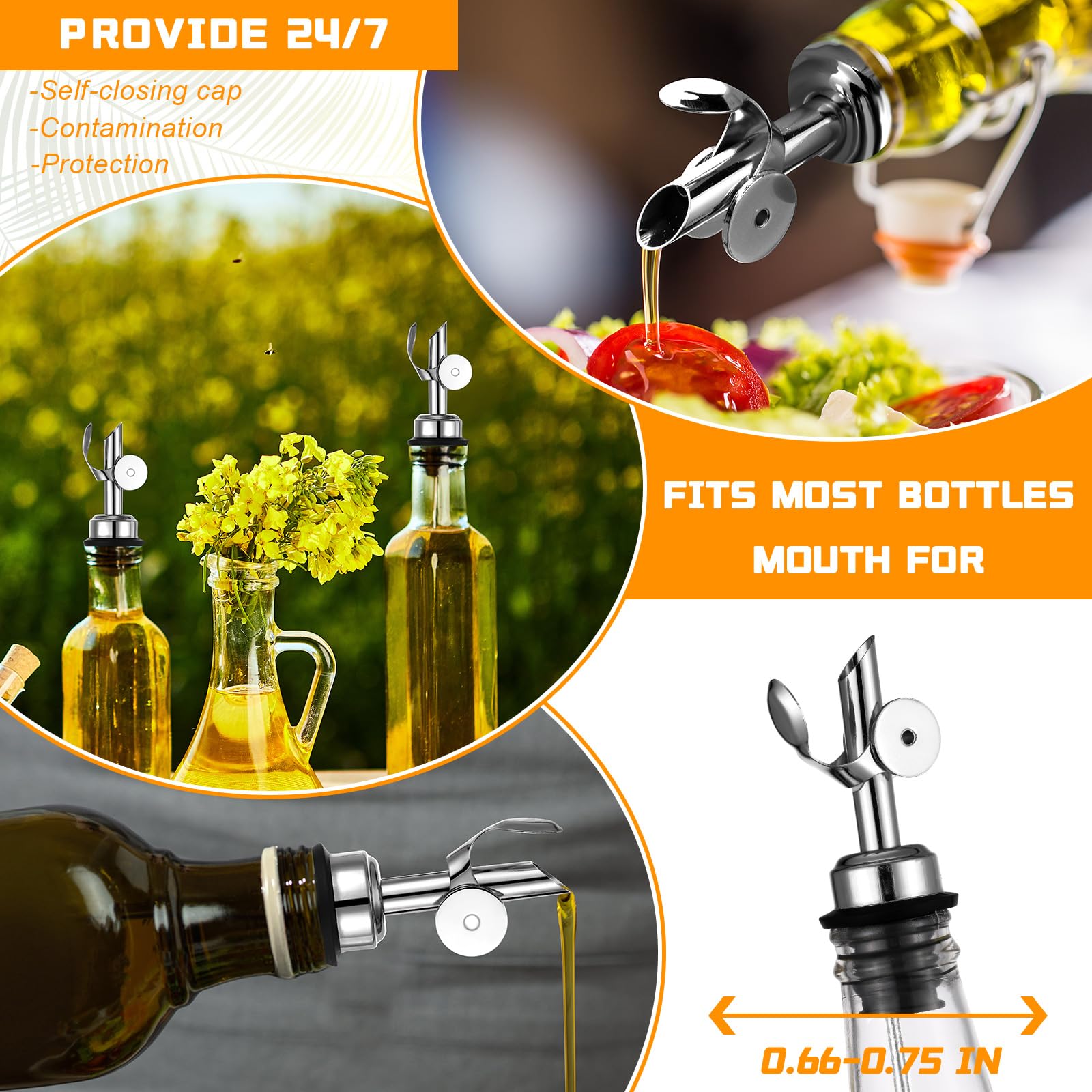 Blulu 24 beccucci dosatori ponderati in acciaio inox, erogatori automatici per olio d'oliva, beccuccio a chiusura automatica, per vino, aceto, alcool, sciroppo, liquido, caffè, casa, bar, accessori