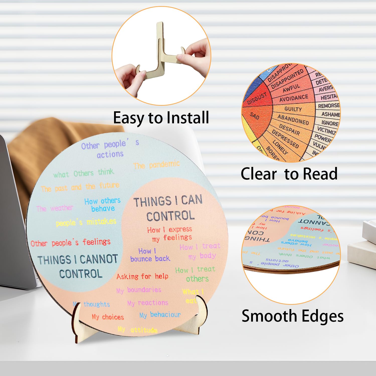 Rueda de Sentimientos de Doble Cara con Soporte | Rueda de Emociones de Madera para Terapeutas y Profesores | Tabla de Sentimientos de Salud Mental para Decoración de Oficinas en Casa
