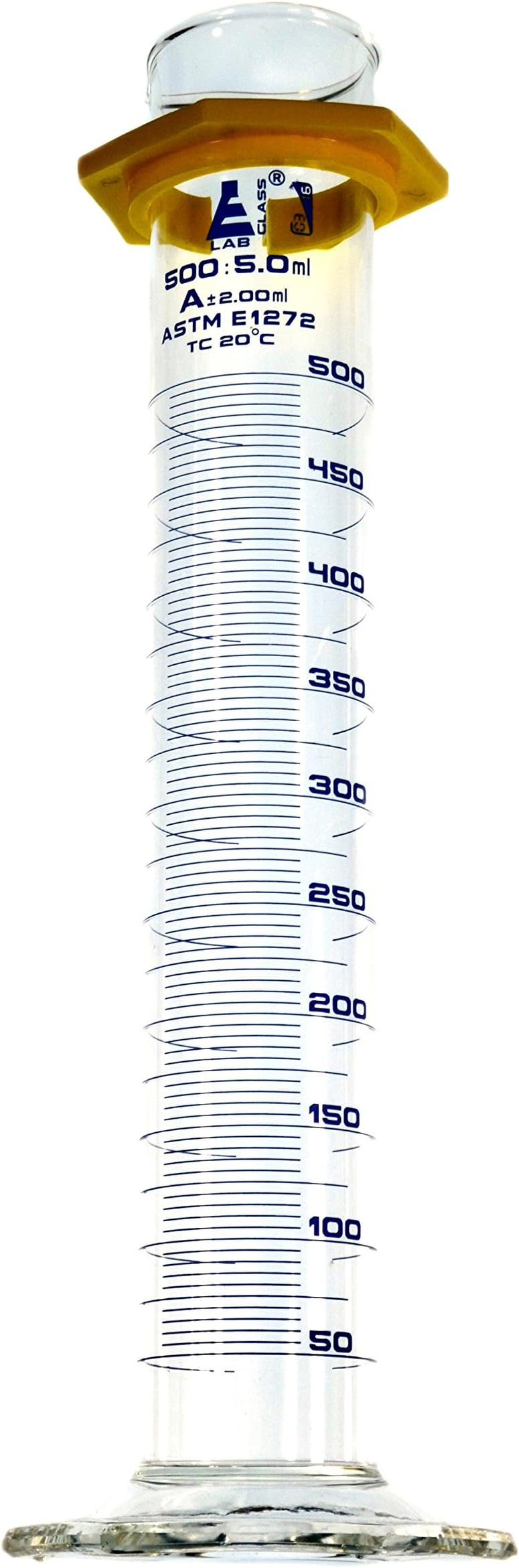 Eisco500mL Graduated Cylinder- ASTM E1272 Standard - Class A - Borosilicate Glass - Labs - 5ml Blue Graduations w/Protective Guard