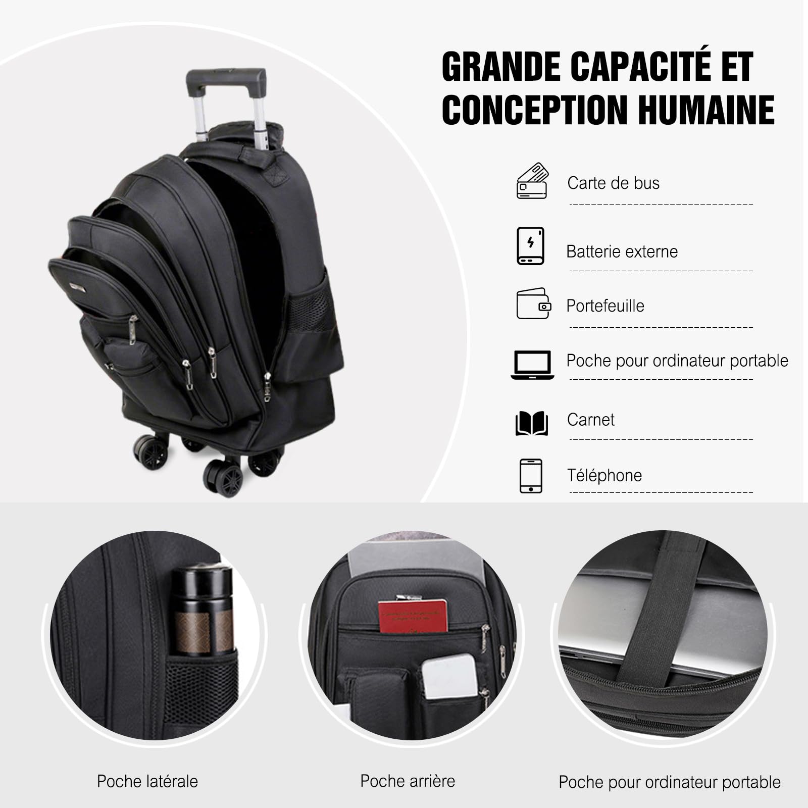FANDARE 35L Sac à roulettes ordinateur Homme Mallettes Trolley Business pour 15.6 Pouces Laptop Convertible Trolley Daypack Femme 2-en-1 Sacoche Enseignant Rolling Sacs voyage Mallette Valise