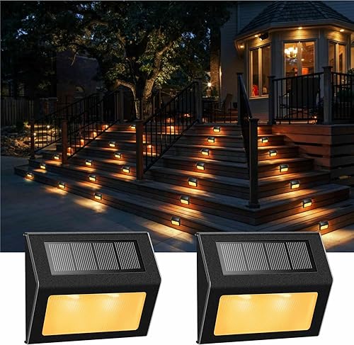 XLUX - Luces solares para escalones, cubiertas, caminos, patio, escaleras y cercas, lámpara LED, resistente a la lluvia, carcasa de metal negro,