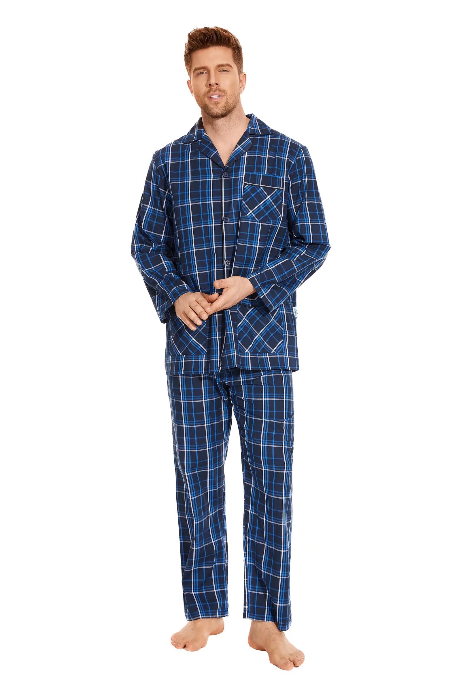 GLOBAL Pajamas for Men Pj Set 100% Cotton Pajama Long Sleeve/Pants Plaids Loungewear sets