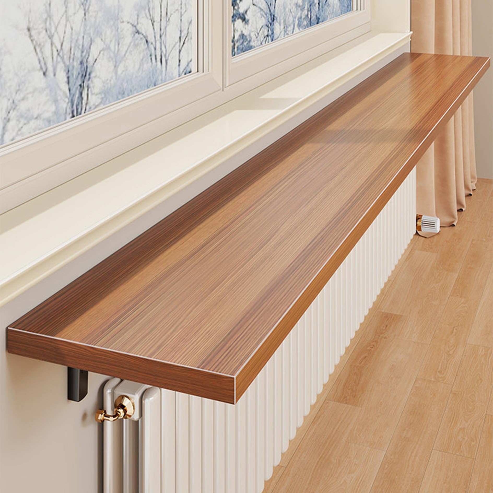 Estante de madera sobre radiador para decorar un salón acogedor y limpio