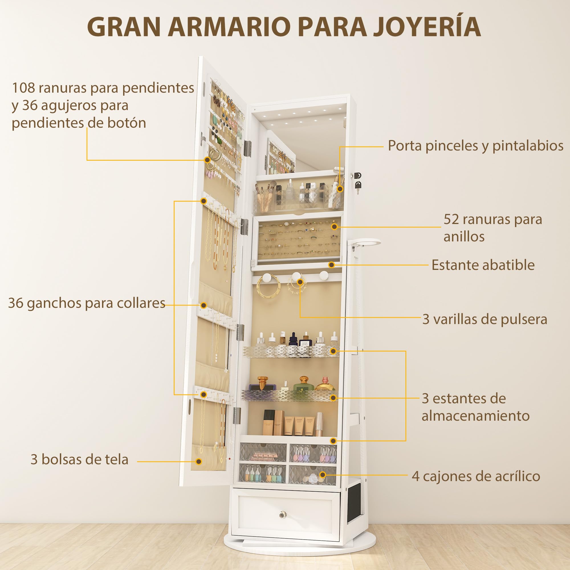 HOMCOM Armario Joyero de Pie con Luces LED, Espejo Cuero Entero, Soporte para Secador, Giratorio 360°, Cajón, Cerradura, Blanco y Beige