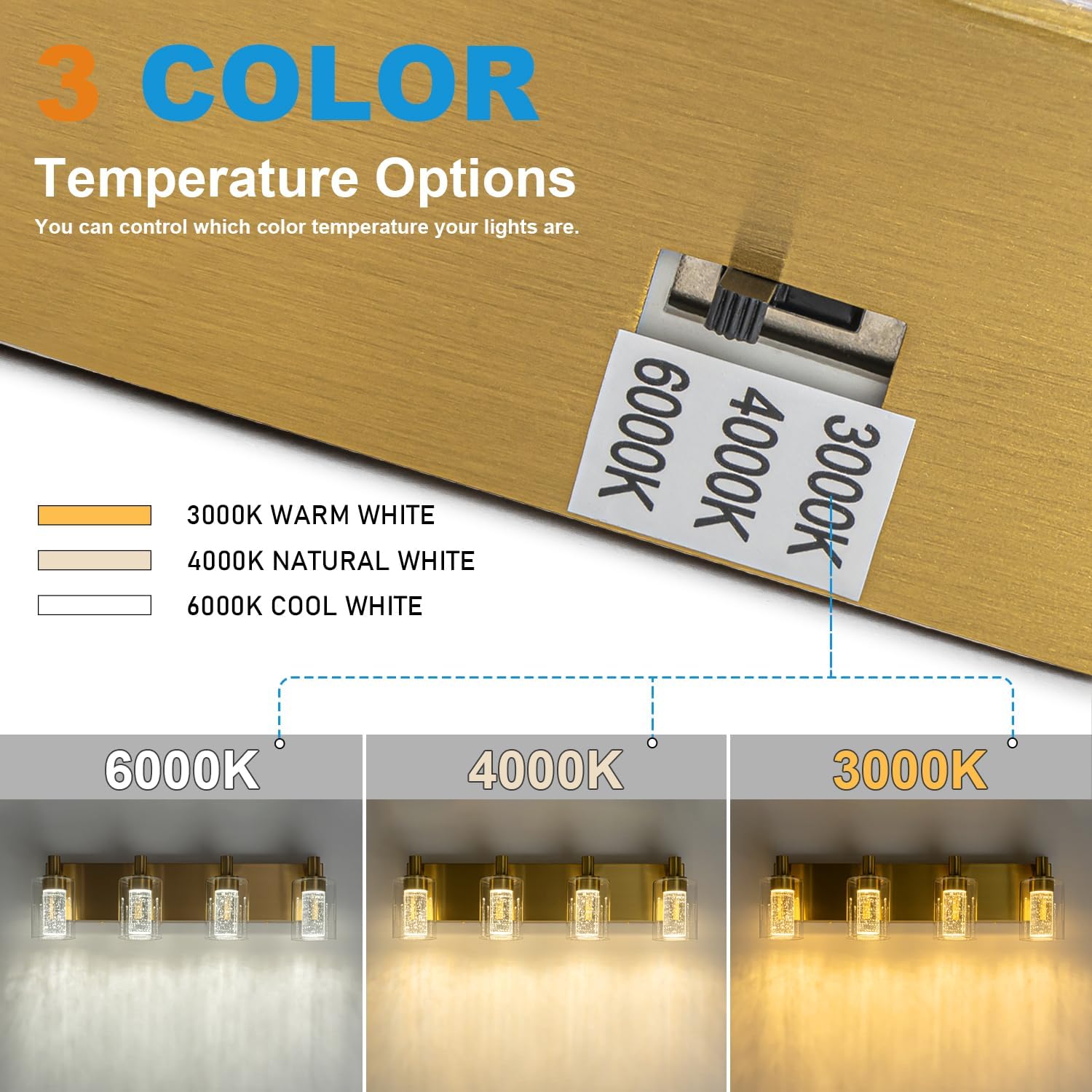 SineRise Vanity Light with 3 Color Modes (3000K/4000K/6000K), Eye Protection LED Bathroom Light Fixture, Dimmable Modern Wall Light Over Mirror with Clear Glass Shade (Gold, 4-Light)