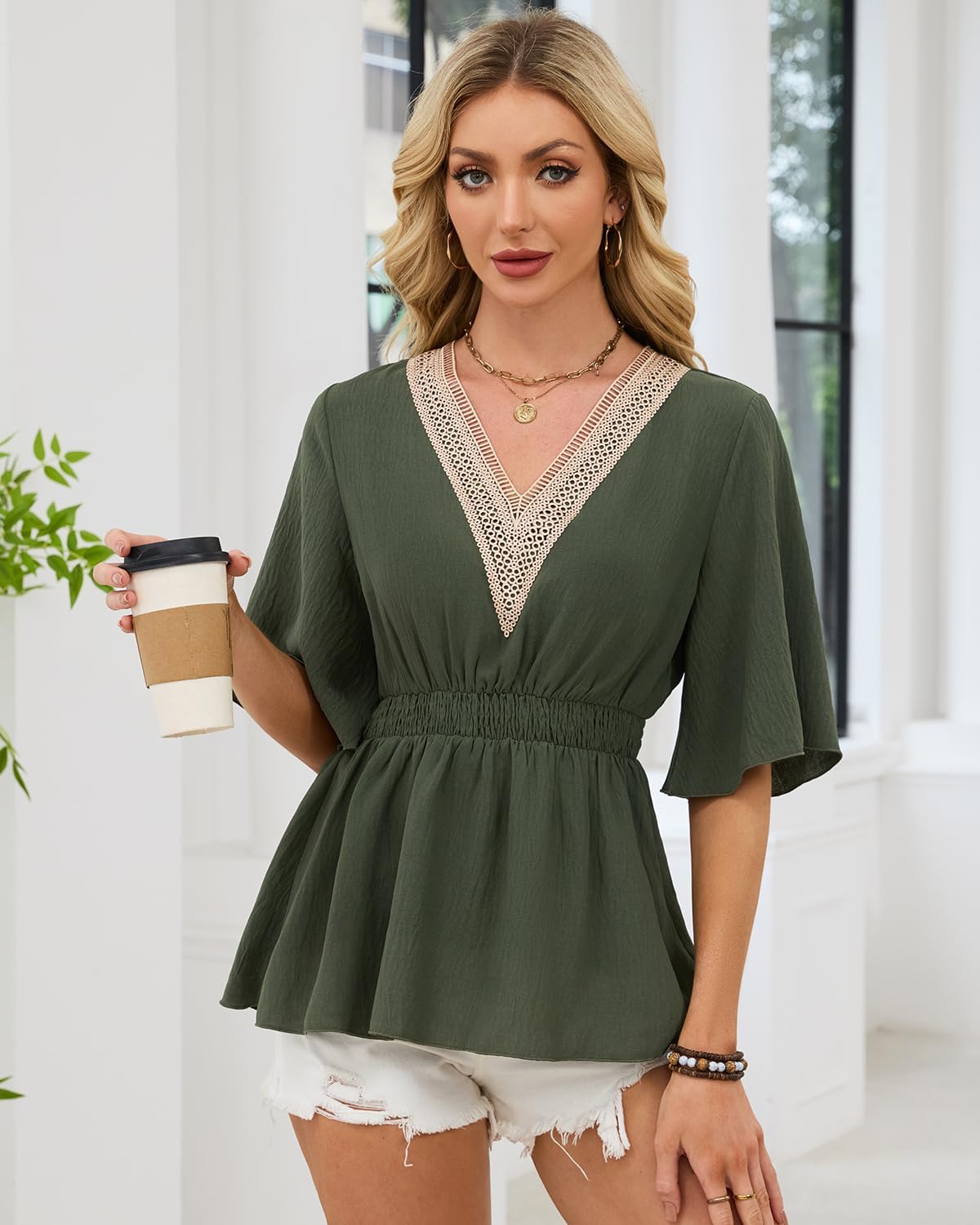 HEYTALALA Womens Summer Tops Dressy Casual Ruffle Short Sleeve Lace V Neck Smocked Peplum Blouses Babydoll Shirts - Image 5