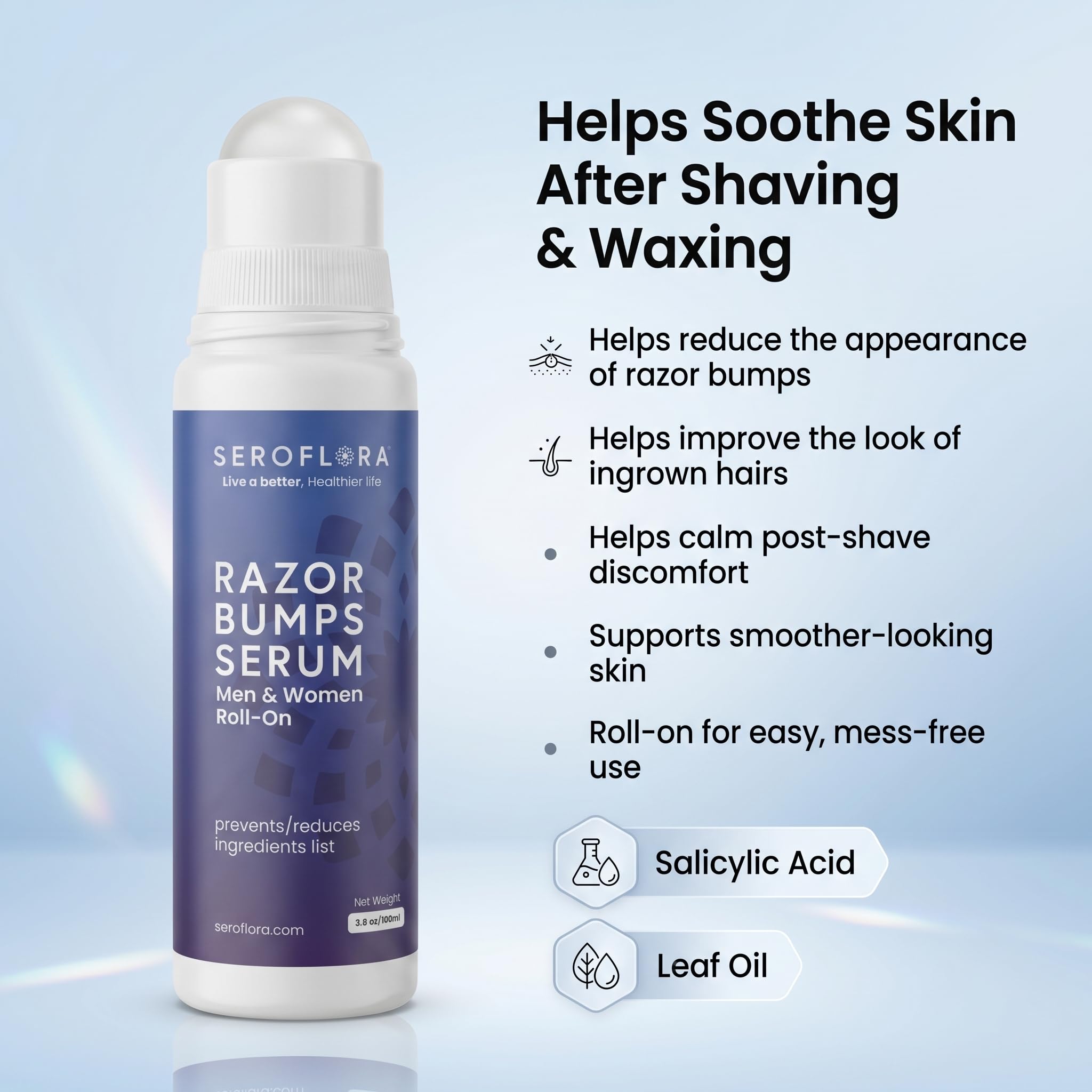 Seroflora Razor Bumps Tratamiento para mujeres – Tratamiento de cabello encarnado – Bump de afeitar para zona del bikini – Después del afeitado y la depilación con cera – Roll-On, cara, piernas