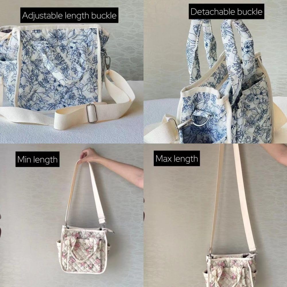 Small Floral Quilted Tote Bag for Women, Cute Crossbody Shoulder Purse with Pockets, Everyday Handbags