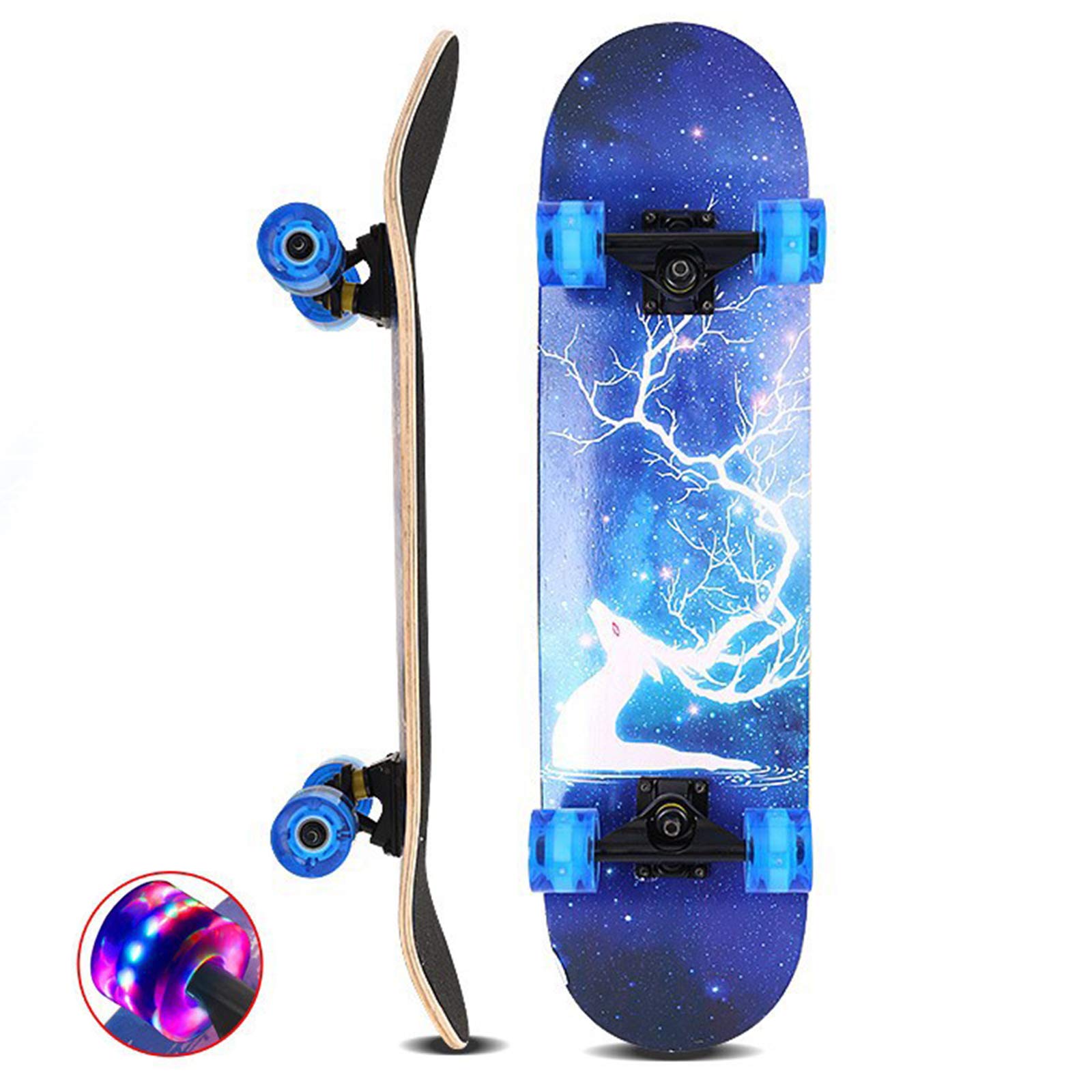 Skateboard 31 x 8 Pulgadas 7 Capas Longboards de Madera de Arce con Ruedas con Luz LED, Tabla de Skate Cruiser Completa Profesional para Adolescentes, Adultos, Niños