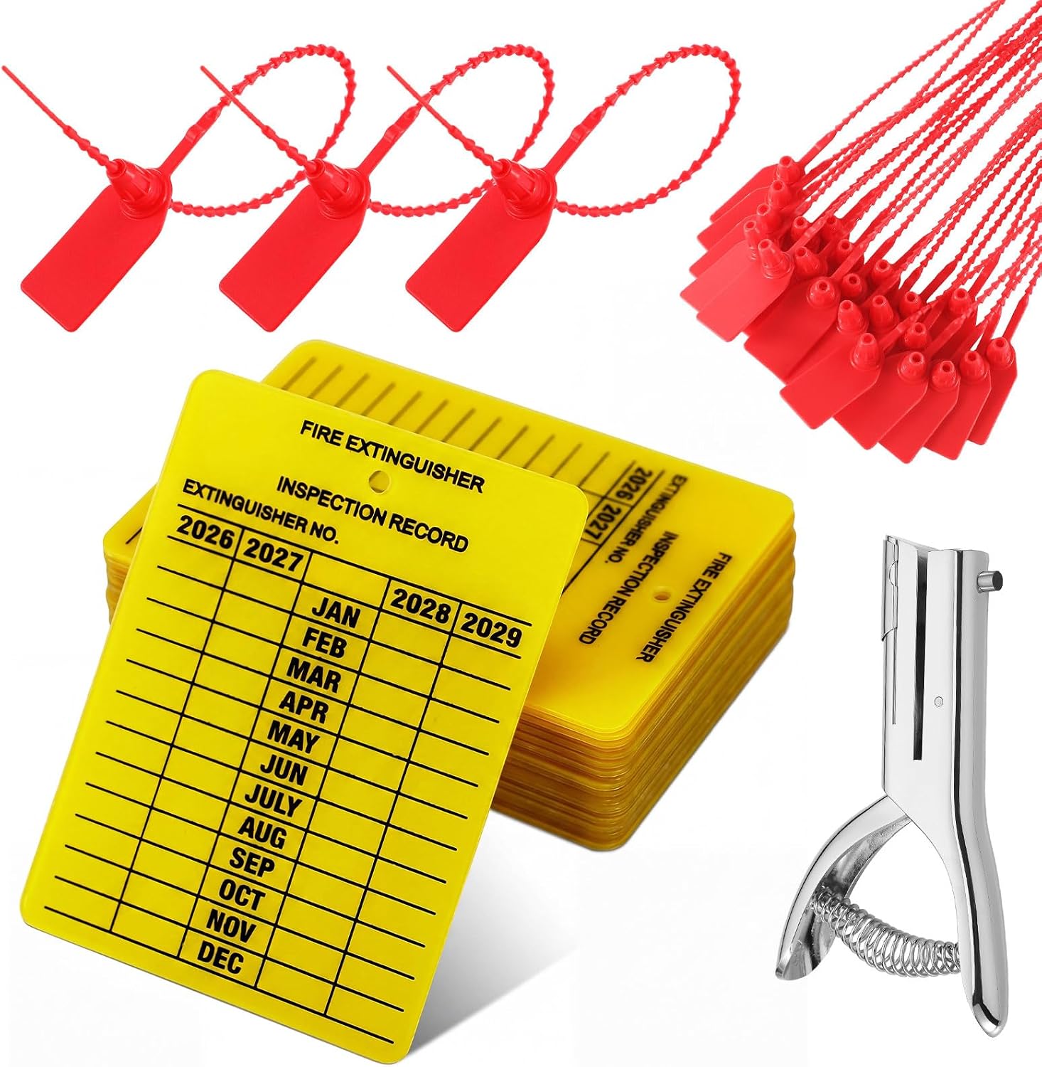 Fuyoooo 25 Set Fire Extinguisher Tag Monthly Inspection Yellow Plastic 2026-2029 Durable Record Tag with Hole Puncher and Zip Tie for Indoor Outdoor Use, Safety Compliance Label for Fire Inspection