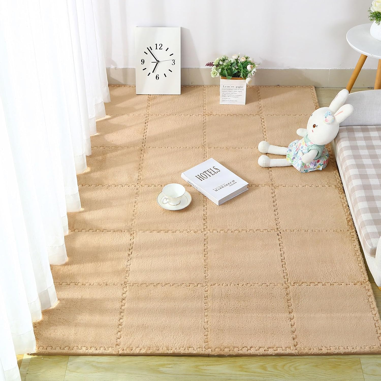 LoiYtrd 16 Pieces Foam Play Mat With Border Interlocking Plush Puzzle Carpet Tiles 30x30cm Square Foam Mat(Light Brown)