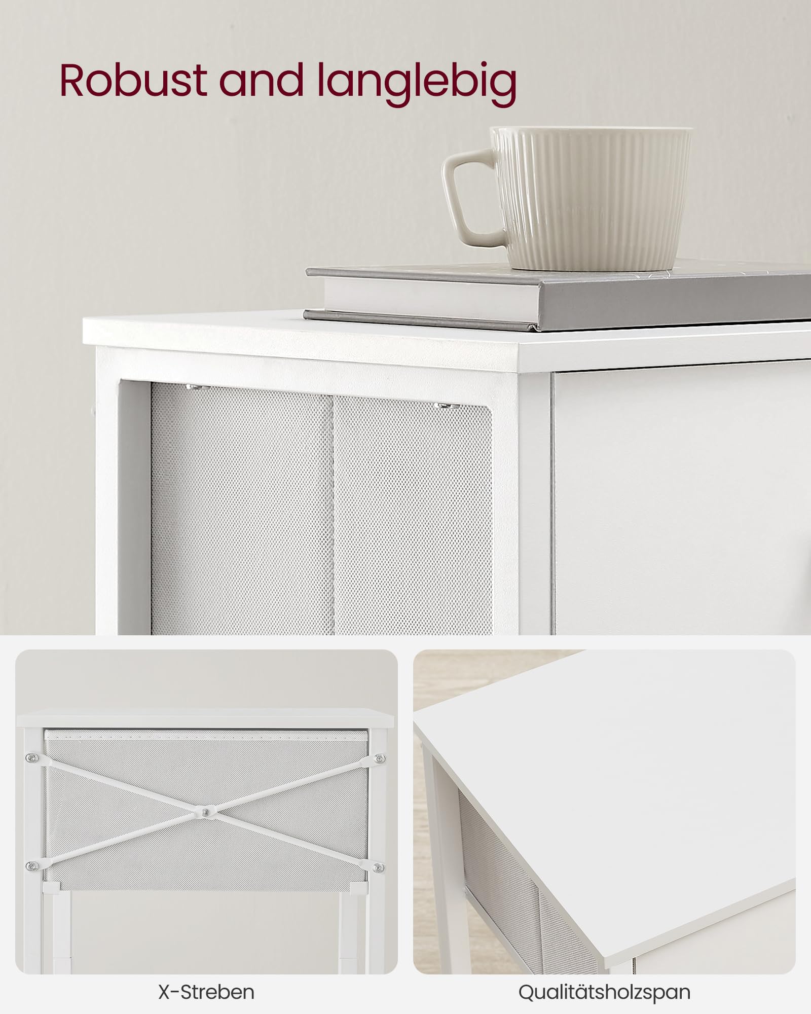 VASAGLE Nachttisch, Beistelltisch mit Stoff-Schublade, 61 cm hoher Nachtschrank, mit Ablage, für Wohnzimmer, Schlafzimmer, weiß LGS221W14