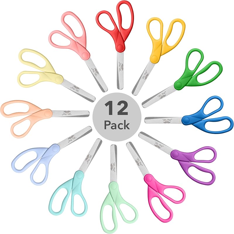 Mr. Pen- 12 Packs 5" Small School Student Blunt Tip Craft Kids Scissors | Stainless Steel Blades Comfort Grip 5 Inch Safety Scissors Bulk for Children Toodler Cutting Paper, Rainbow Hues, Ages 4+