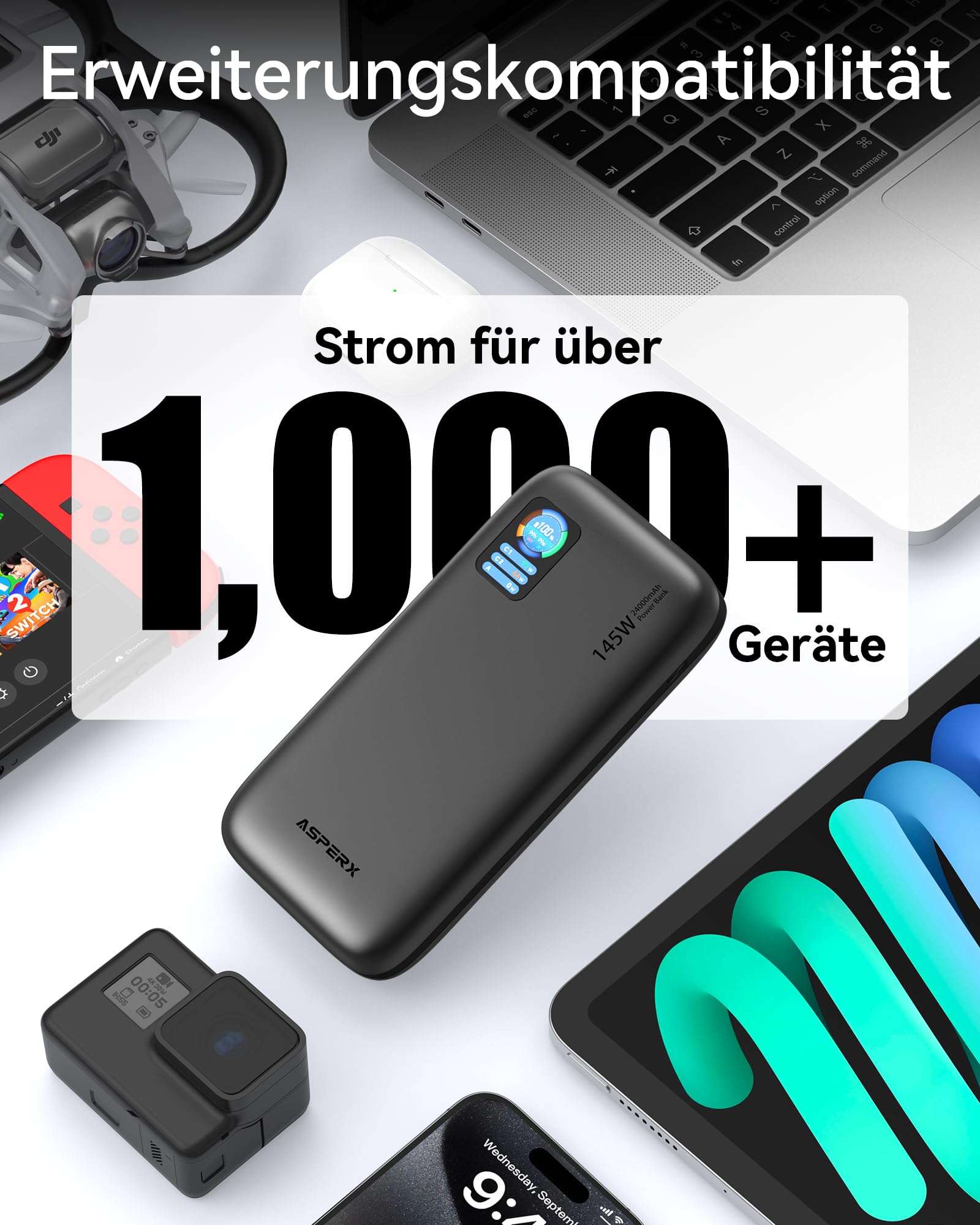 AsperX 100W 24000mAh Powerbank für Laptop MacBook iPad iPhone 17/16/15/14 | Gesamtleistung 145W PD3.1 Schnelllade Power Bank,USB C -Ein und Ausgang,LED Display,Flugzeugtauglich,CCC Zertifiziert