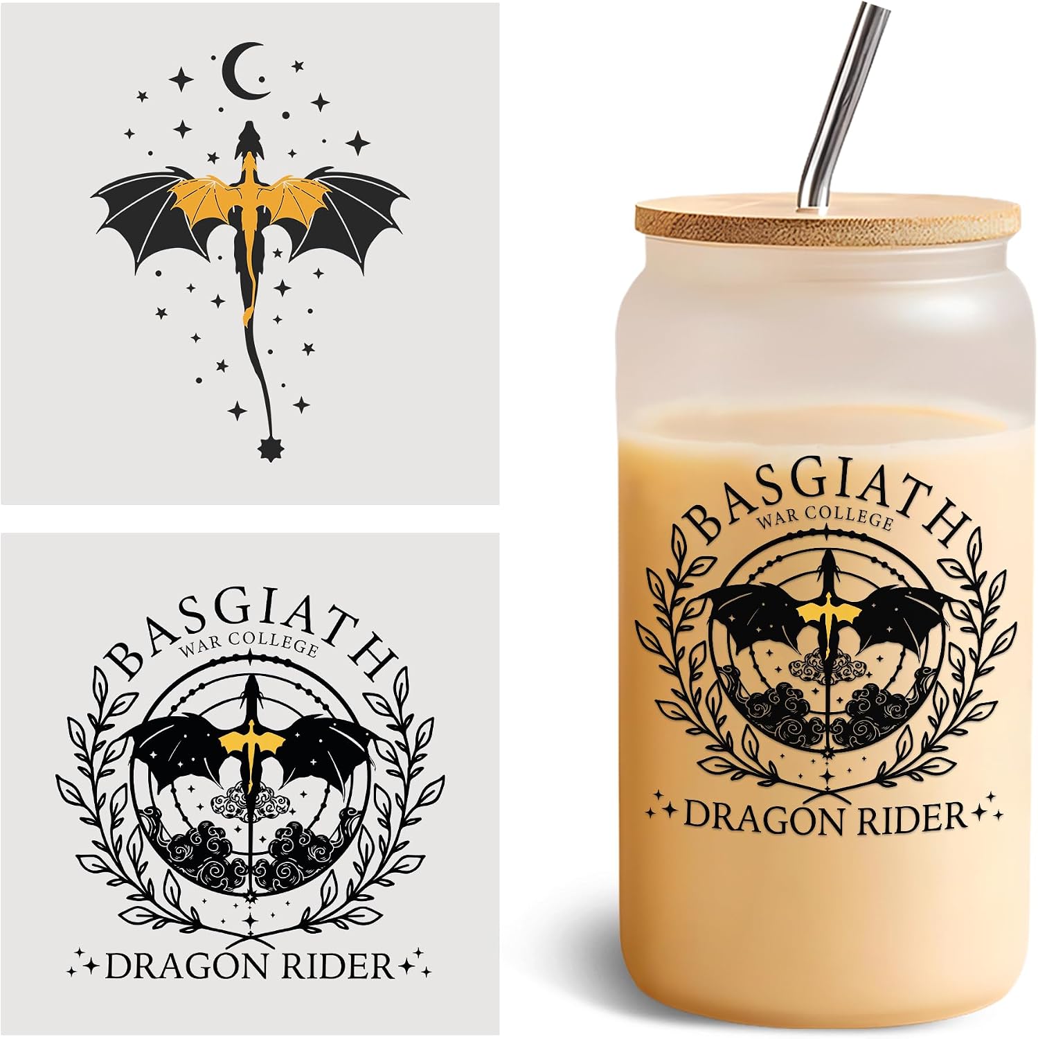 Set 2Pcs Fourth Wing UV DTF Decals for 16oz Glass Cups, Basgiath Dragon Rider Bookish Cold Transfer Decal Bookish Stickers, Fantasy Dragons Vinyl Waterproof DTF Transfer for Cup Wrap Tumbler Gifts