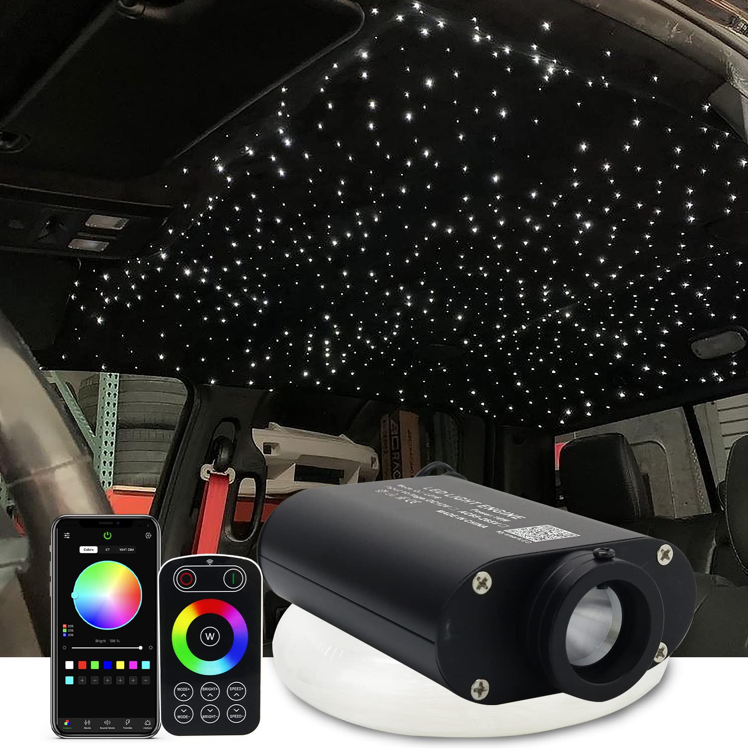 AMKI Fiber Optic Star Light Kit for Home and Car Use,16W APP Bluetooth 2.4G Touch Panel Remote Control Sound Activated with Fiber Optic Cable 0.03in/0.75mm 0.04in/1mm 0.06in/1.5mm 9.8ft/3m Long 460pcs